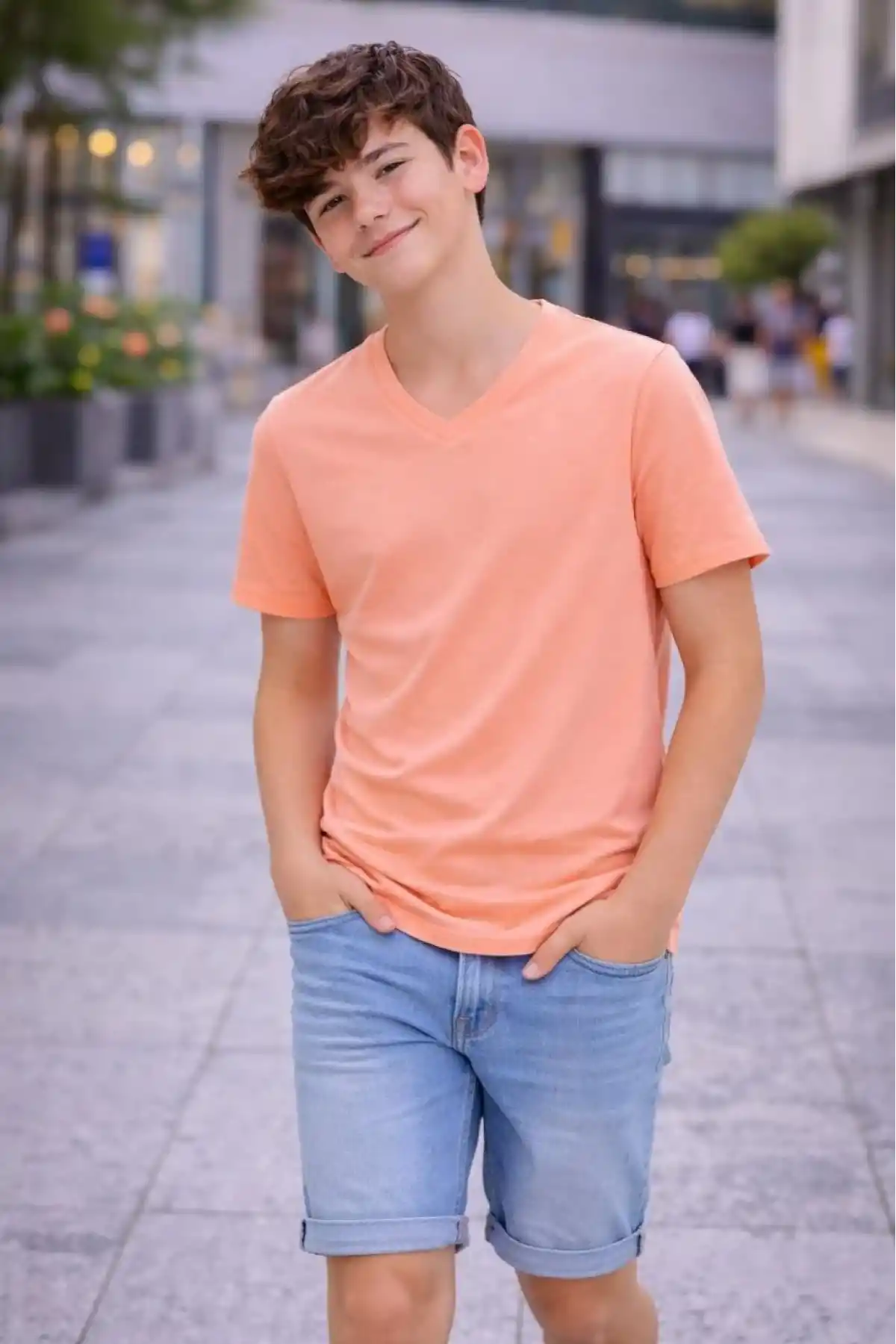 Genç Erkek Çocuk V Yaka Tişört Model - Toz Pembe