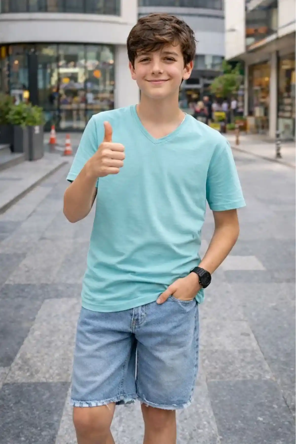 Genç Erkek Çocuk V Yaka Tişört Model - Turkuvaz