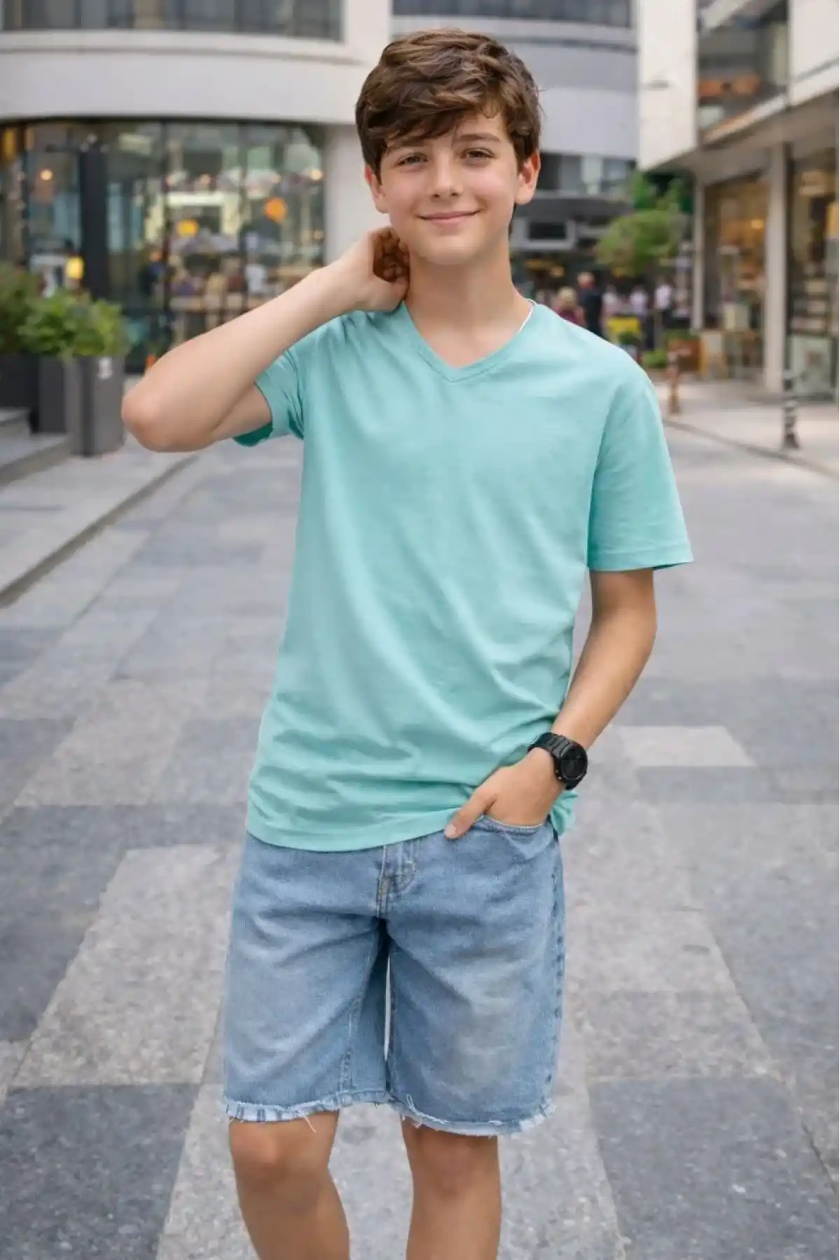 Genç Erkek Çocuk V Yaka Tişört Model - Turkuvaz