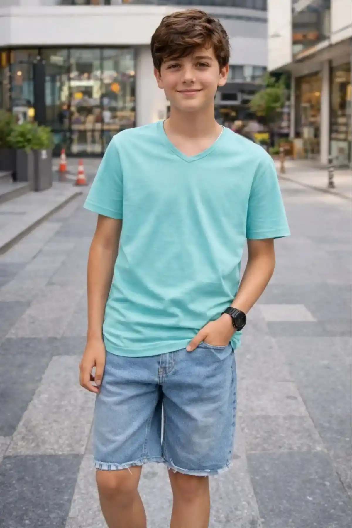 Genç Erkek Çocuk V Yaka Tişört Model - Turkuvaz
