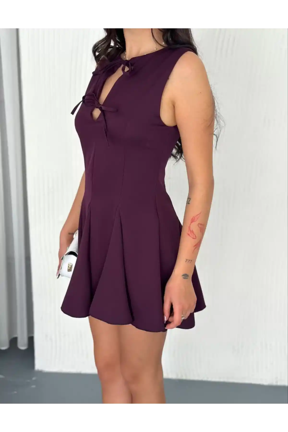 Göğüs Bağlamalı Kolsuz Mini Boy Elbise - Gül Kurusu