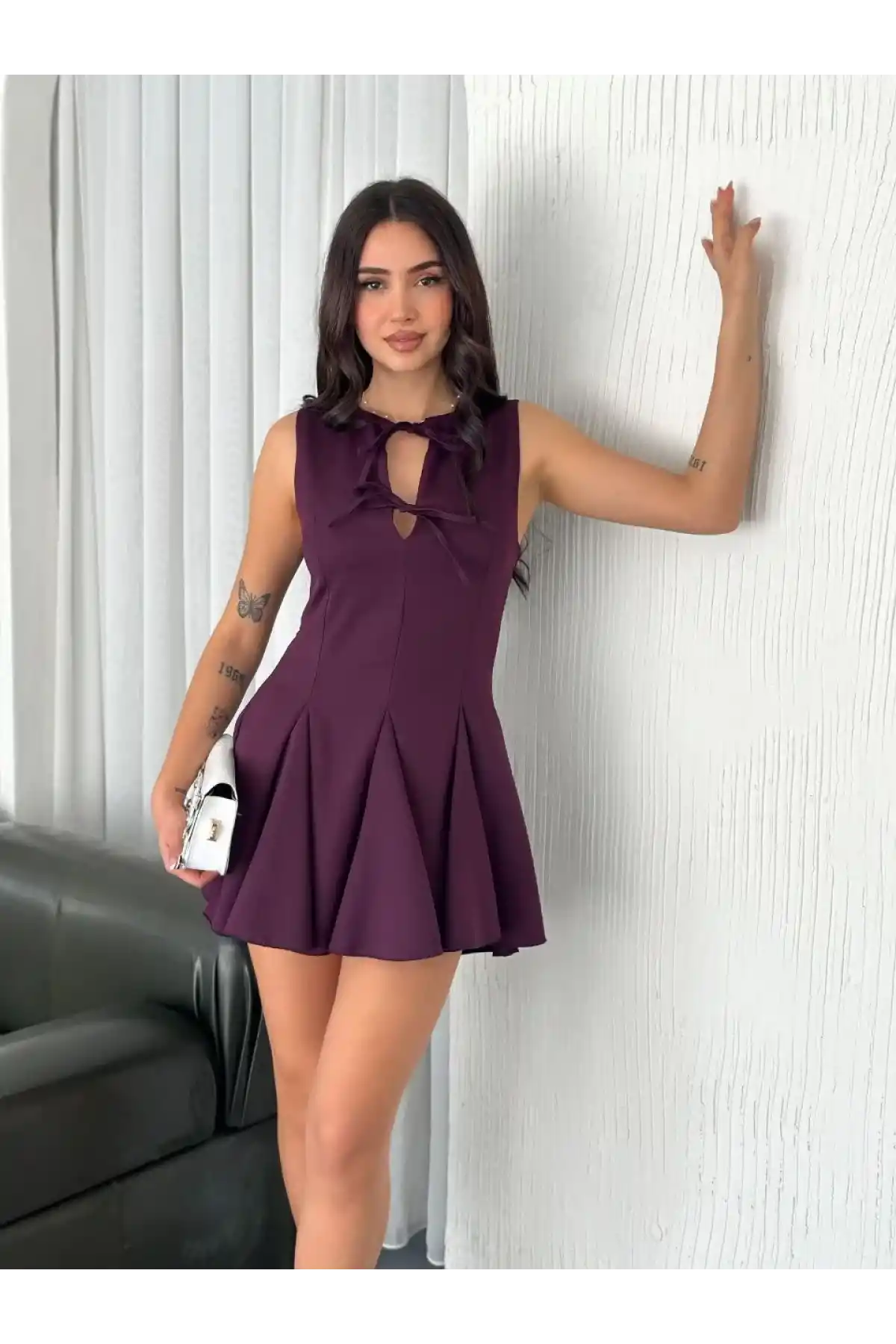 Göğüs Bağlamalı Kolsuz Mini Boy Elbise - Gül Kurusu