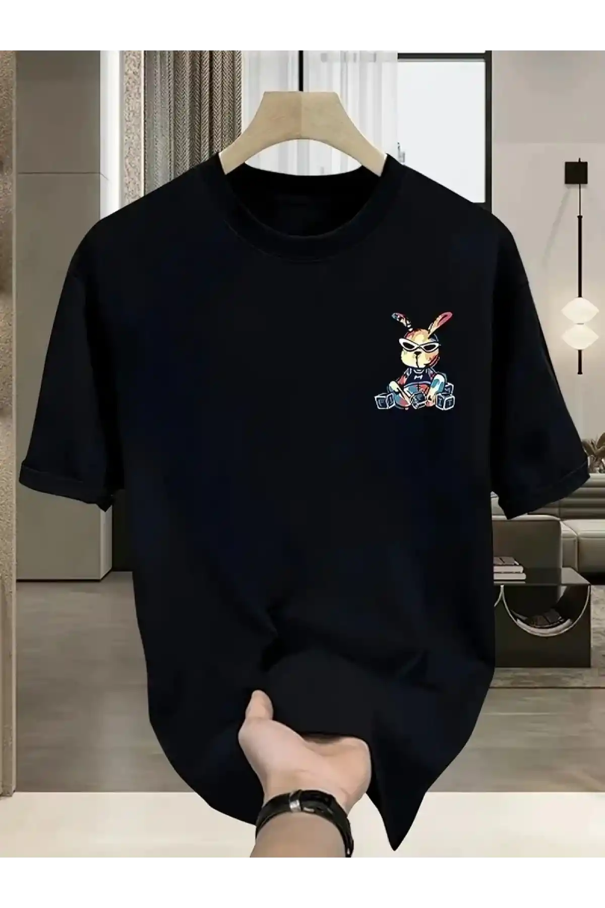 Güneş Gözlüğü Grafikli Karikatür Tavşan Oversize Kısa Kollu Tişört Çift Tişört, İlkbahar Ve Yaz- Siyah