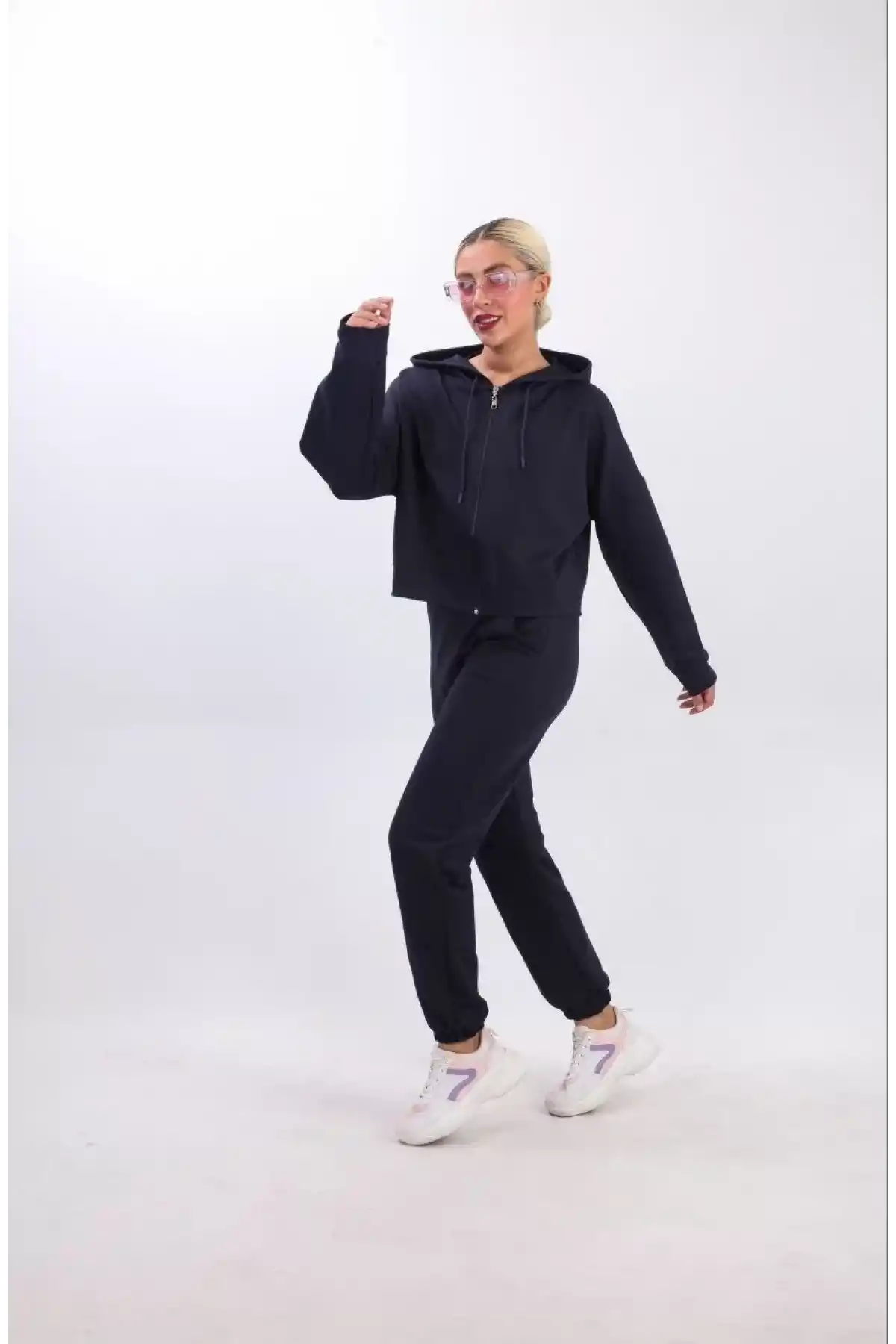 iki iplik Kapüşonlu Fermuarlı Crop Oversize Hırka Takım- Lacivert