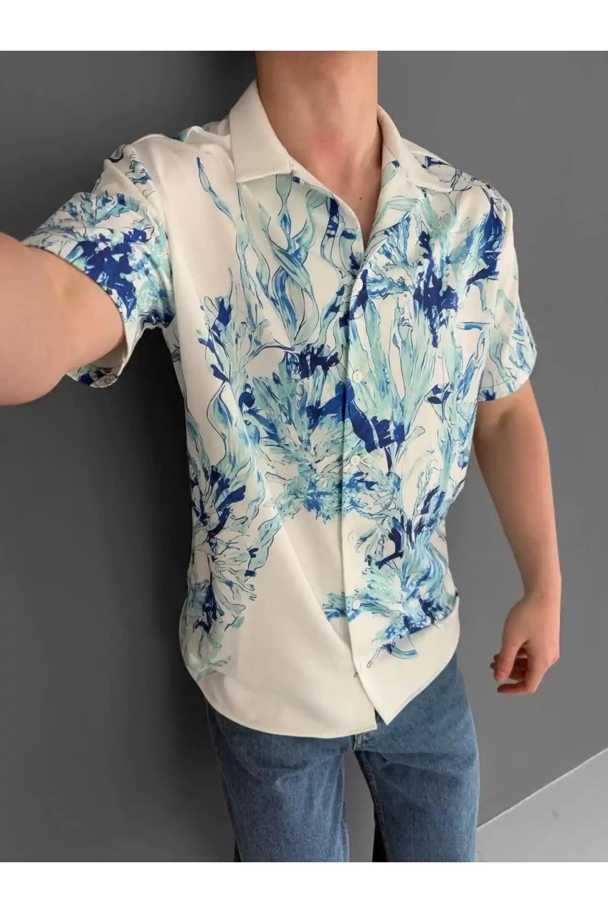 İki İplik Kumaş Baskılı Gömlek - Beyaz