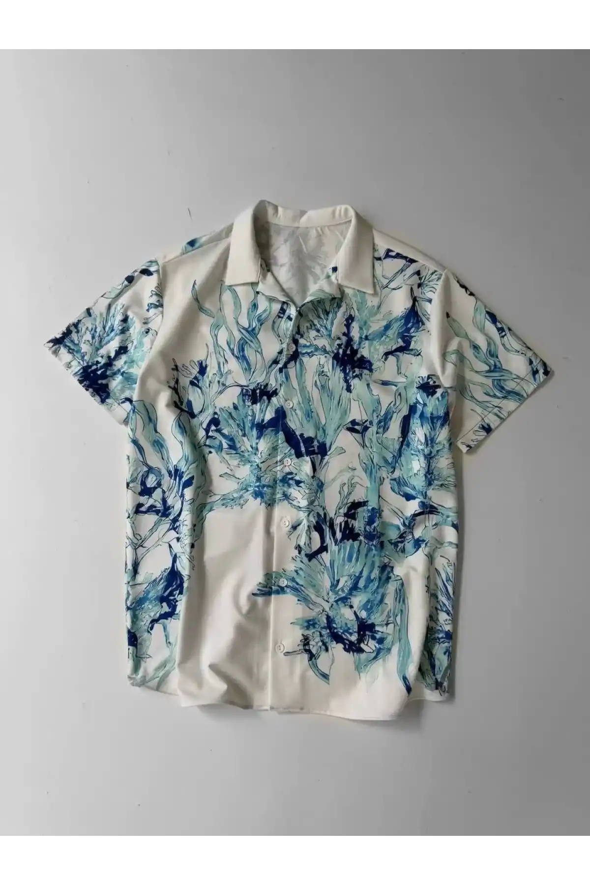 İki İplik Kumaş Baskılı Gömlek - Beyaz