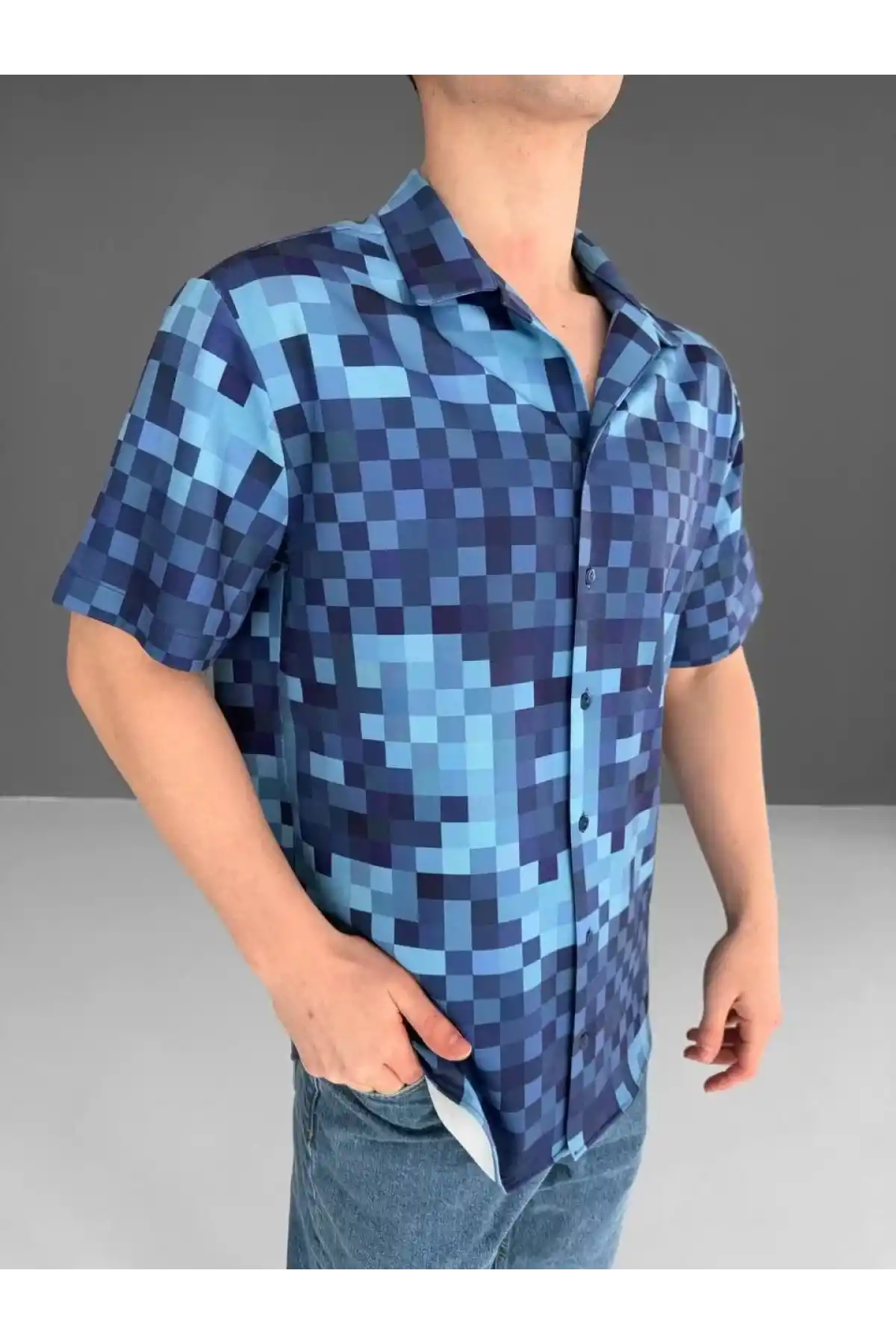 İki İplik Kumaş Baskılı Gömlek - Mavi