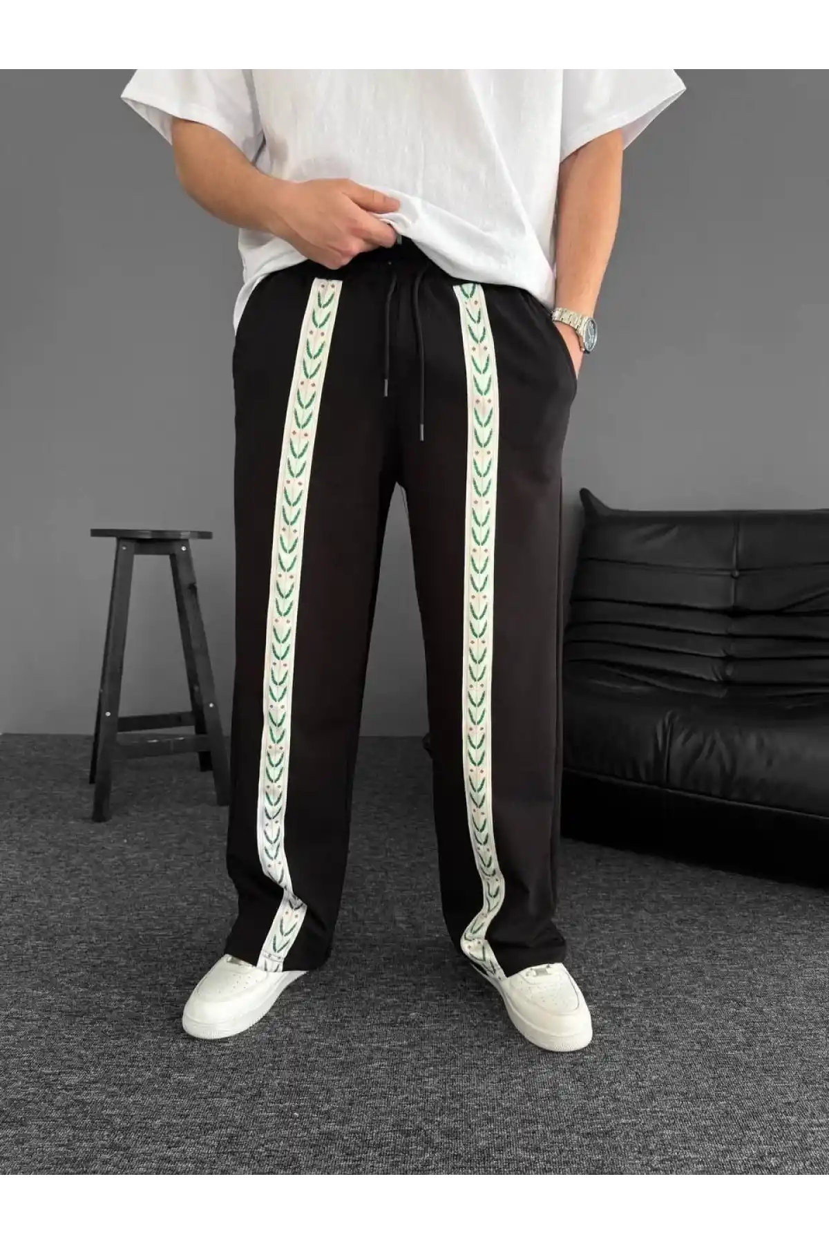 İki İplik Kumaş Şeritli Alt Esofman - Siyah