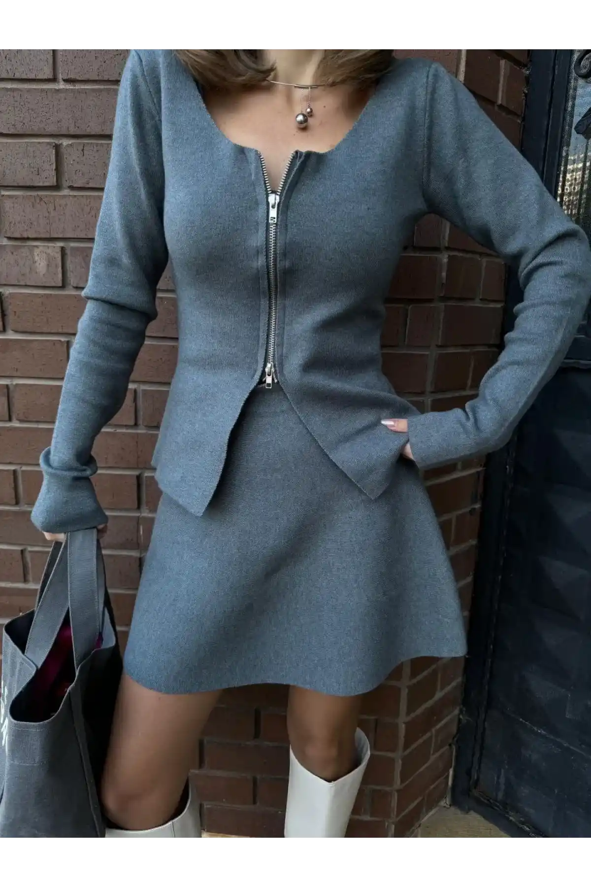 İkili Fermuarlı Hırkalı Etekli Takım - Füme