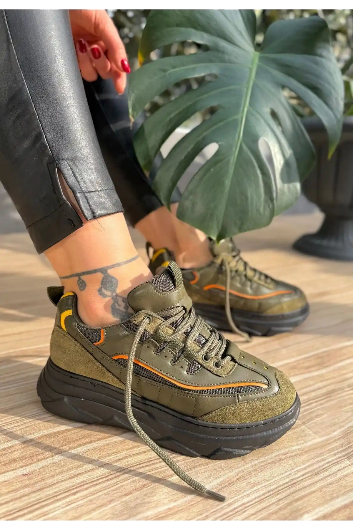 Imkea Yeşil Süet Turuncu Detaylı Spor Ayakkabı - GC