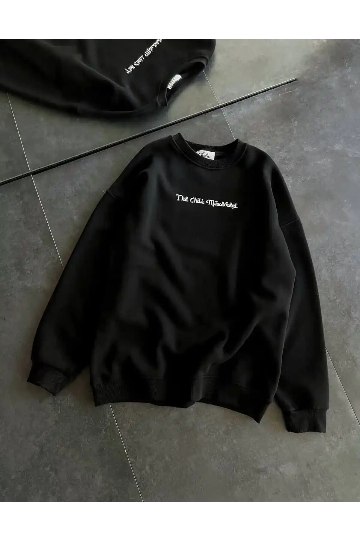 Kadın 3 İplik Pamuklu Bisiklet Yaka Baskılı SweatShirt - Siyah