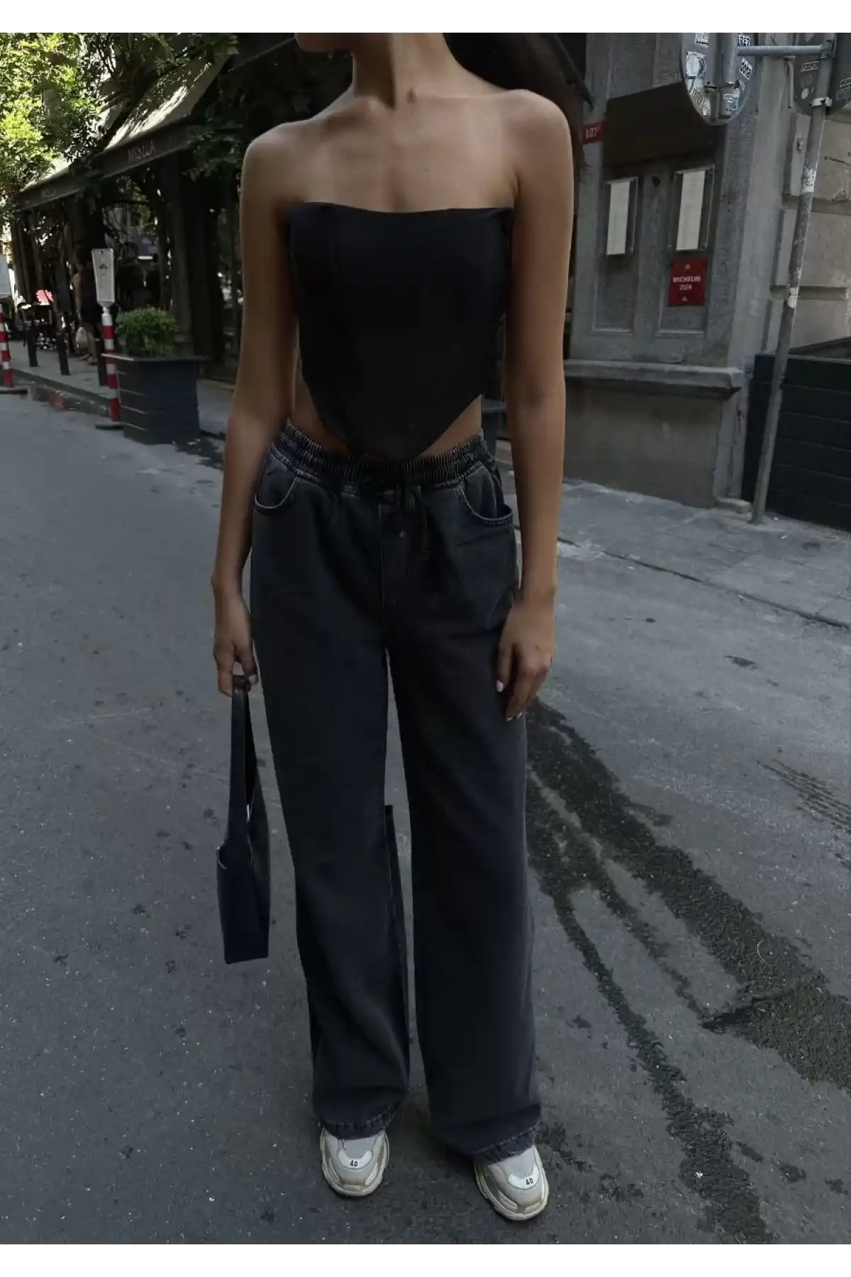 Kadın Arkadan Yırtmaçlı Jeans Kot Palazzo Pantolon - Siyah