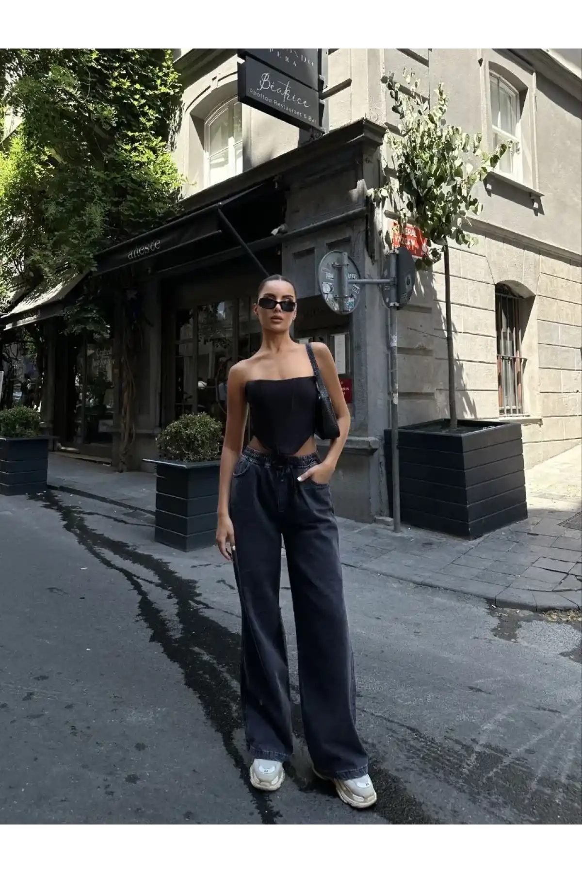 Kadın Arkadan Yırtmaçlı Jeans Kot Palazzo Pantolon - Siyah