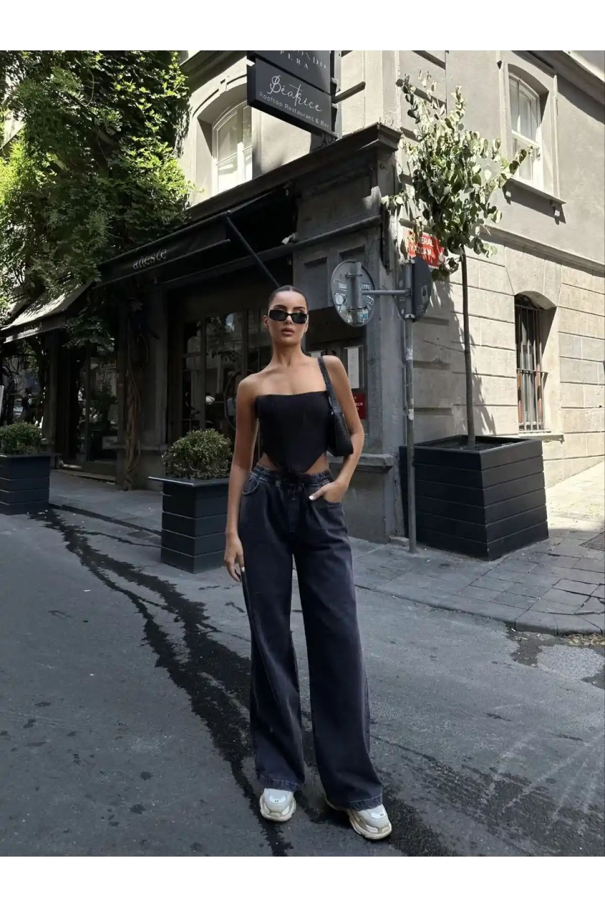 Kadın Arkadan Yırtmaçlı Jeans Kot Palazzo Pantolon - Siyah