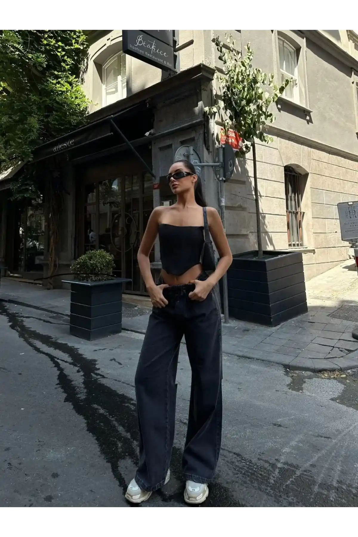 Kadın Arkadan Yırtmaçlı Jeans Kot Palazzo Pantolon - Siyah