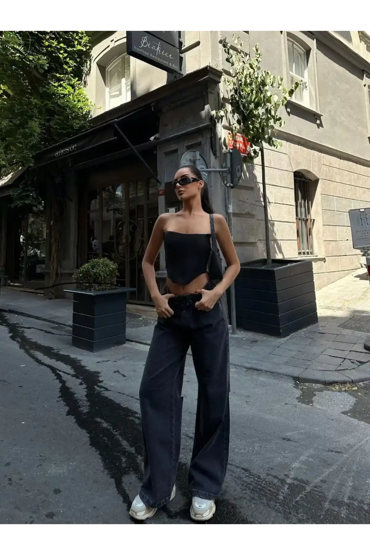 Kadın Arkadan Yırtmaçlı Jeans Kot Palazzo Pantolon - Siyah