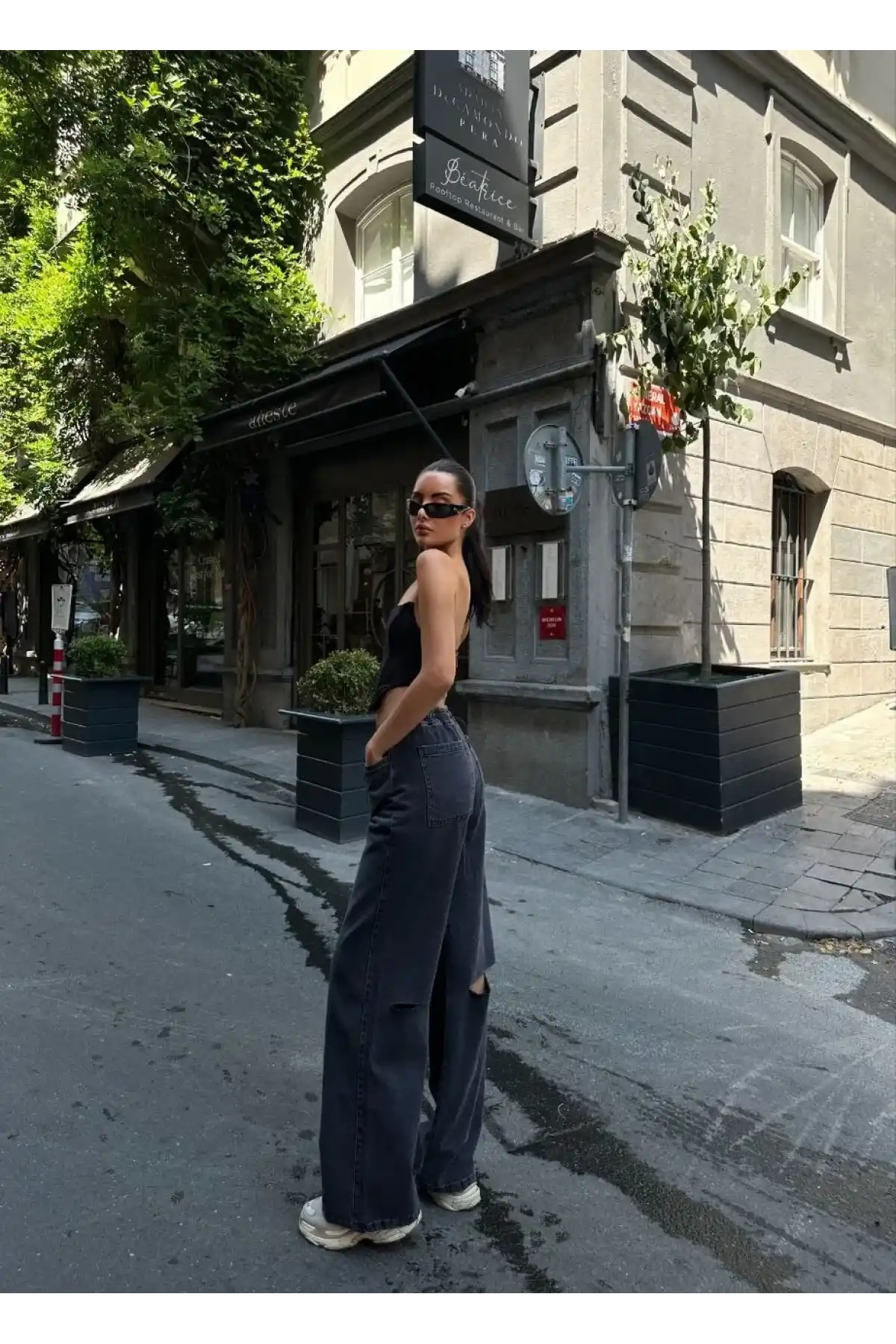 Kadın Arkadan Yırtmaçlı Jeans Kot Palazzo Pantolon - Siyah