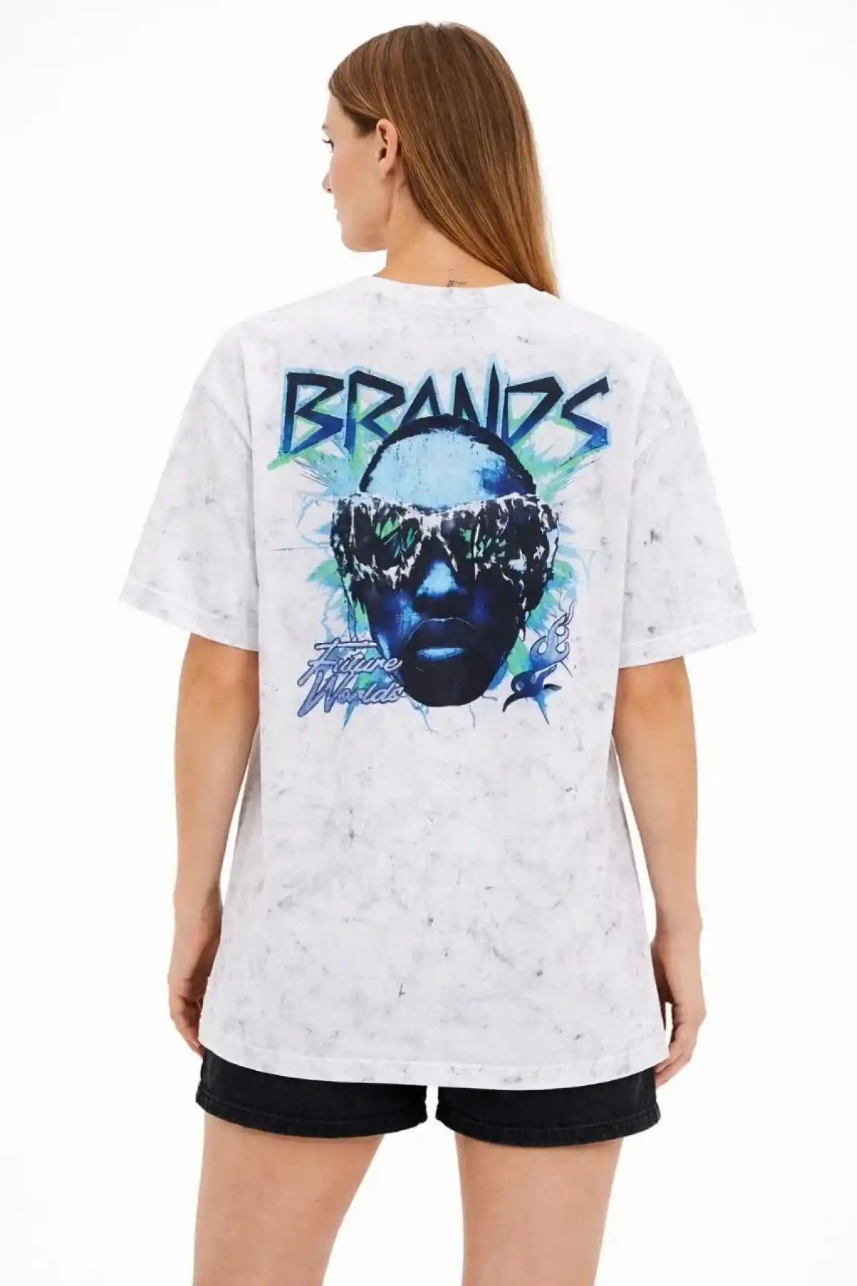 Kadın Asit Yıkamalı Oversize Tişört Future Worlds Baskılı Bisiklet Yaka Kısa Kollu Streetwear %100 Pamuk Street Style T-Shirt - Beyaz