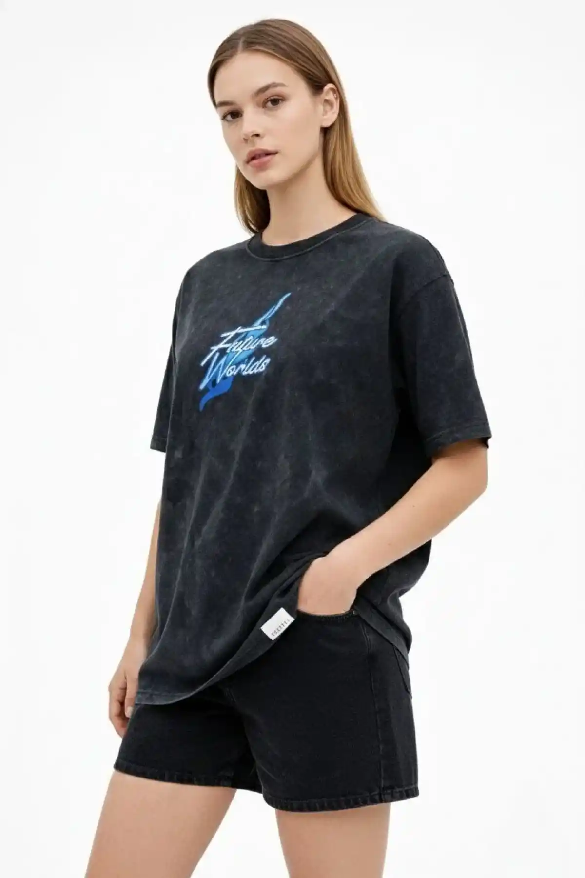 Kadın Asit Yıkamalı Oversize Tişört Future Worlds Baskılı Bisiklet Yaka Kısa Kollu Streetwear %100 Pamuk Street Style T-Shirt - Siyah