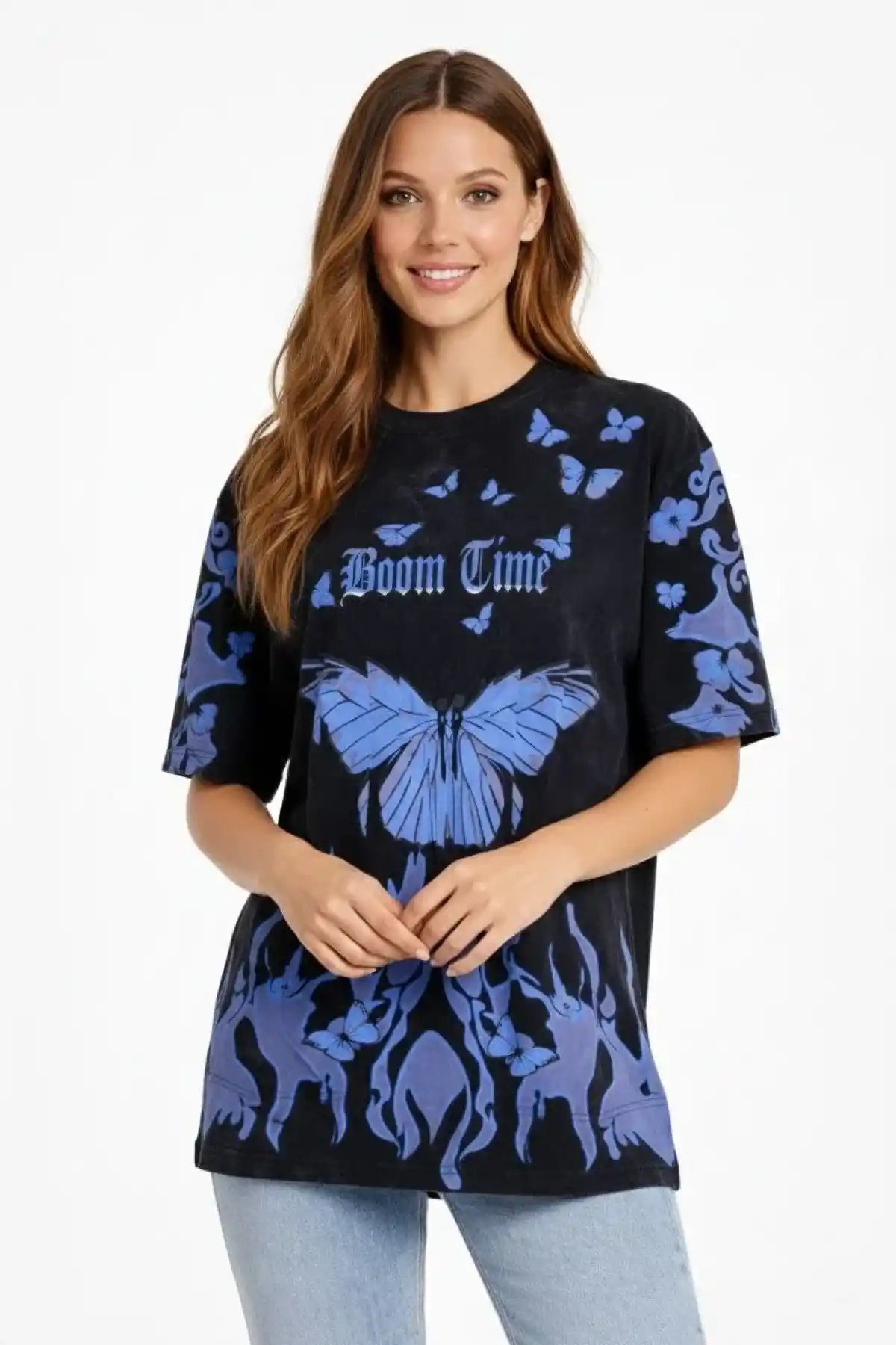 Kadın Asit Yıkamalı Oversize Tişört Mavi Kelebek Baskılı Dijital Print Bisiklet - Siyah