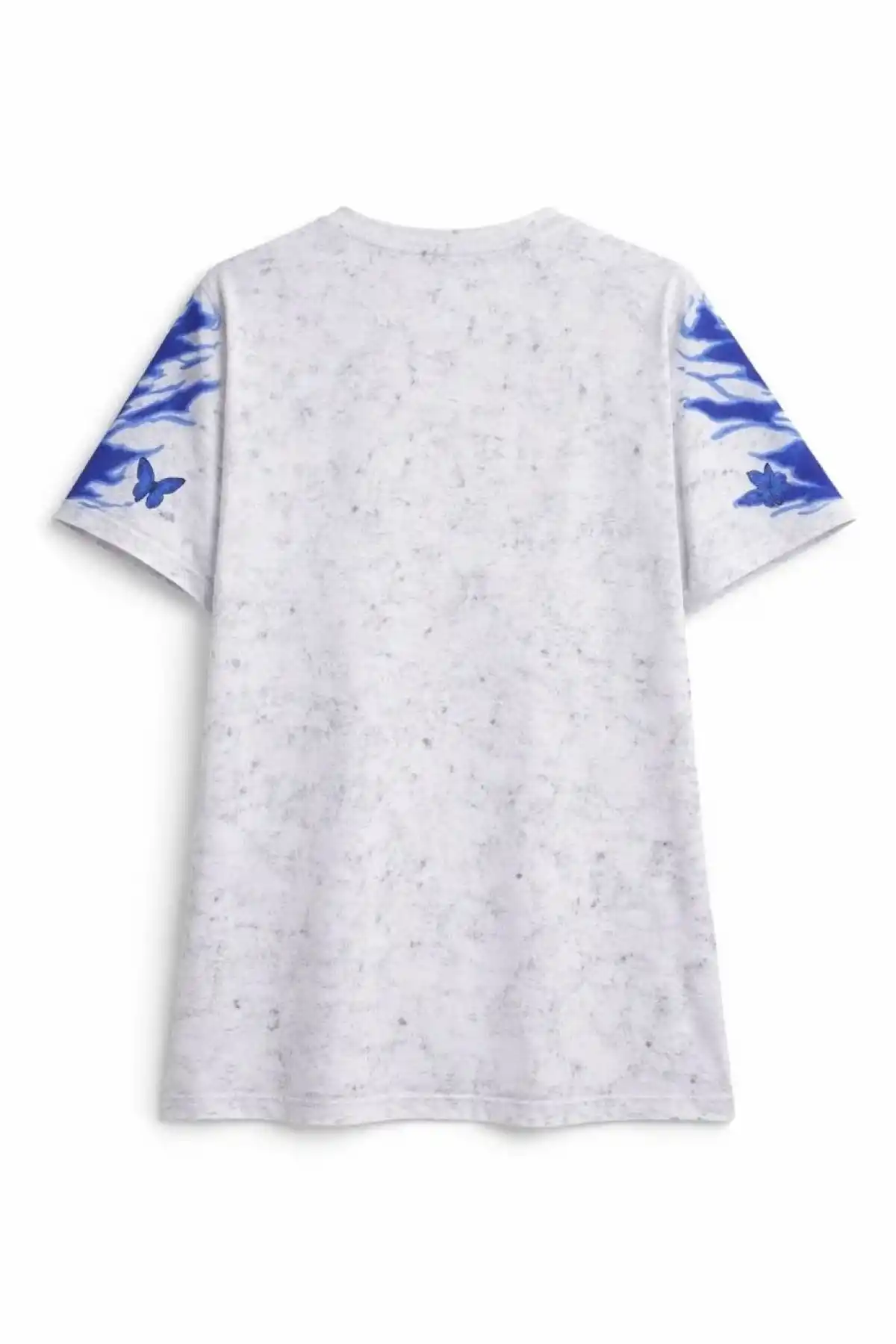 Kadın Asit Yıkamalı Oversize Tişört Mavi Kelebek Baskılı Dijital Print Bisiklet Yaka Streetwear T-Shirt - Beyaz