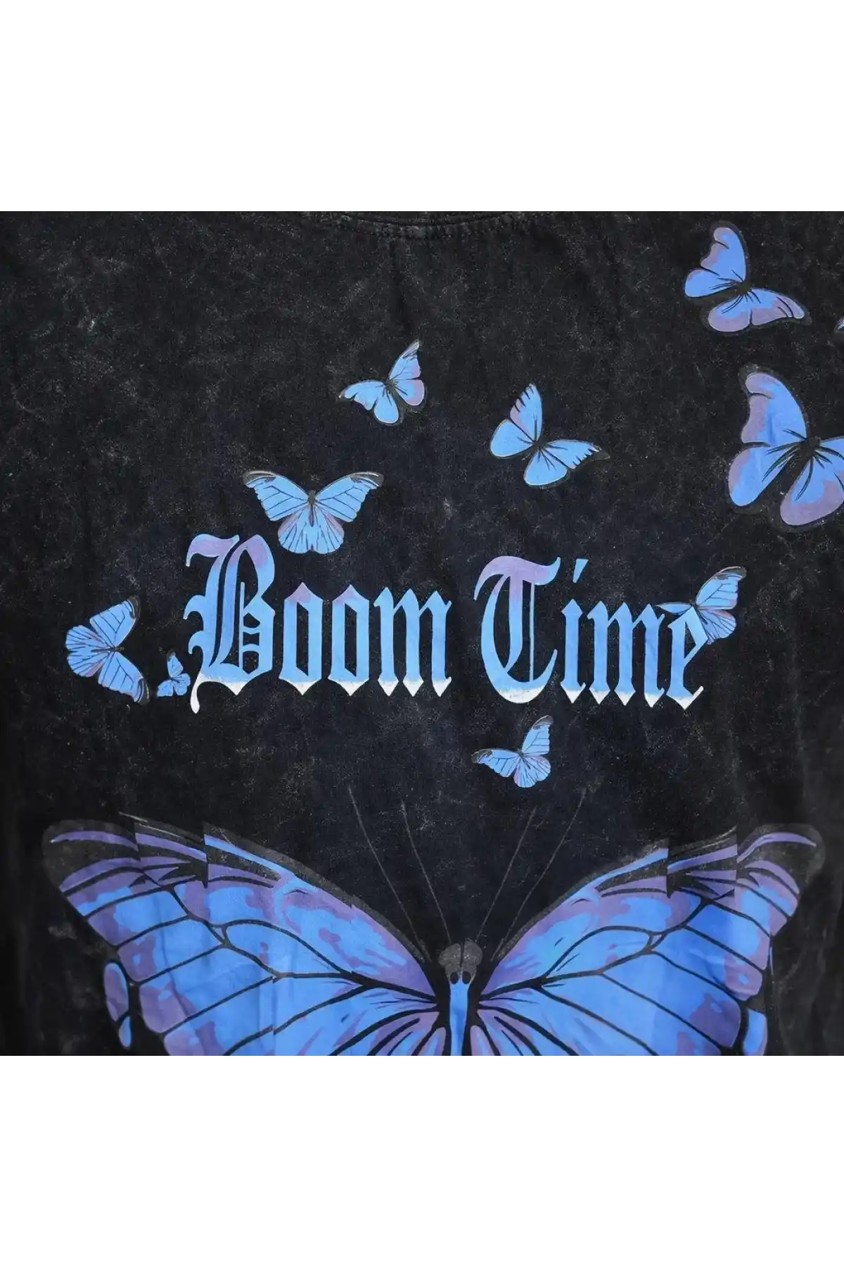 Kadın Asit Yıkamalı Oversize Tişört Mavi Kelebek Baskılı Dijital Print Bisiklet - Siyah