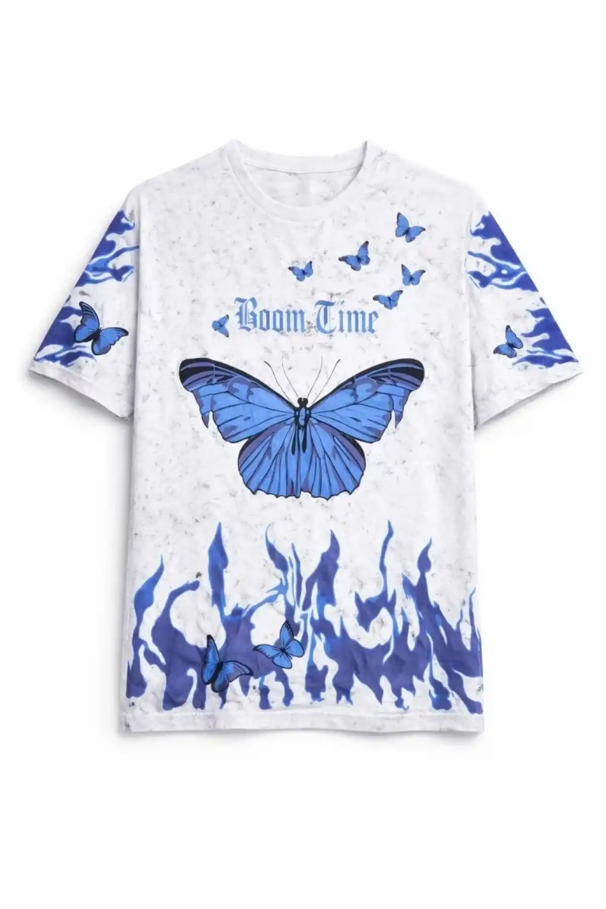 Kadın Asit Yıkamalı Oversize Tişört Mavi Kelebek Baskılı Dijital Print Bisiklet Yaka Streetwear T-Shirt - Beyaz