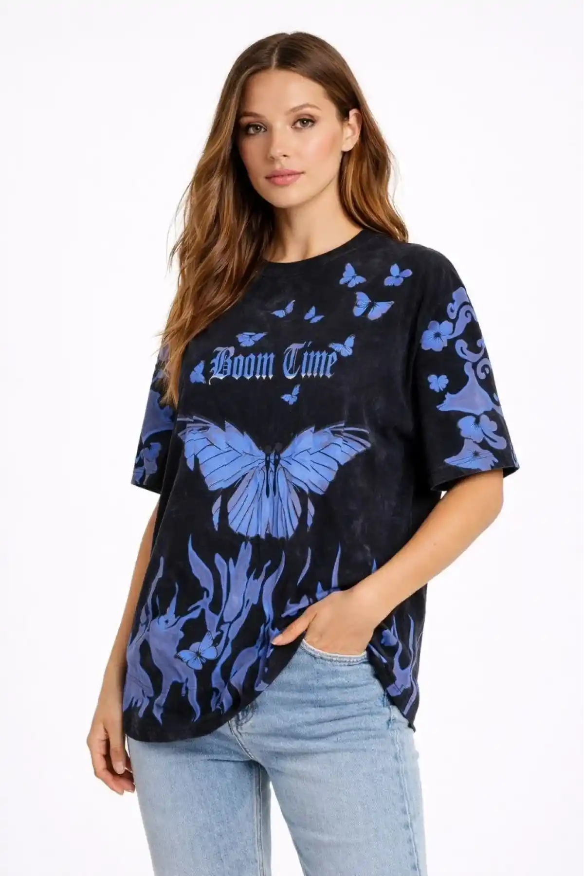 Kadın Asit Yıkamalı Oversize Tişört Mavi Kelebek Baskılı Dijital Print Bisiklet - Siyah