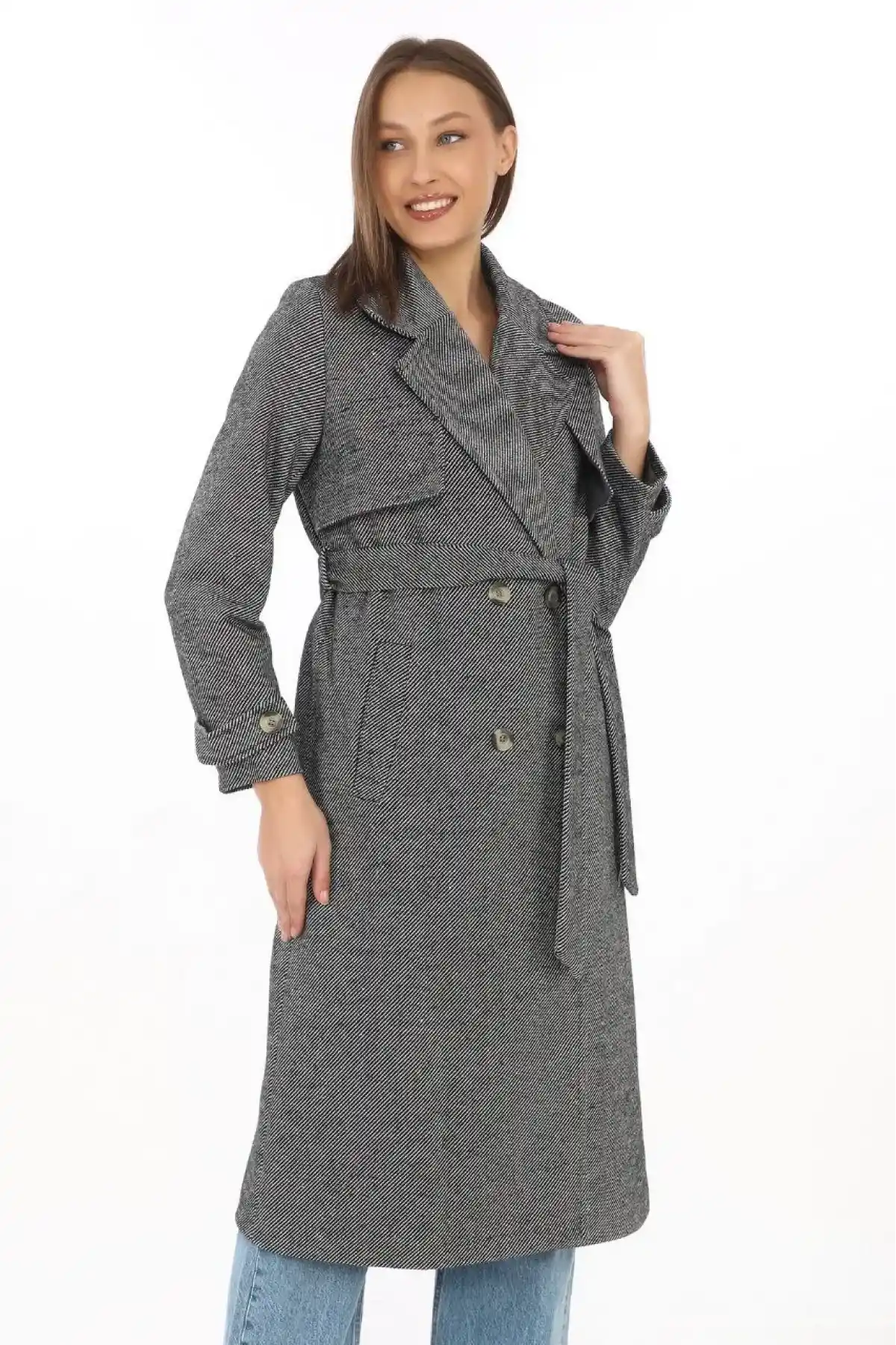 Kadın Balık Sırtı Kaşmir Uzun Kaşe Kaban - Füme