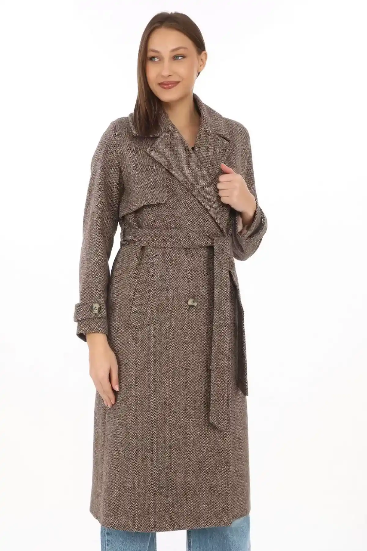 Kadın Balık Sırtı Kaşmir Uzun Kaşe Kaban - Vizon