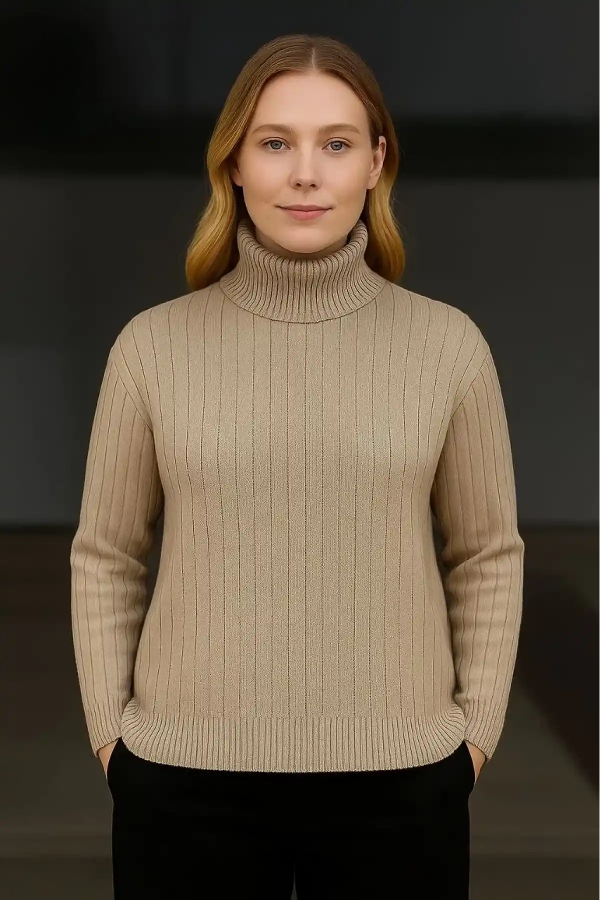 Kadın Balıkcı Yaka Bağazlı Triko Kazak Pamuklu Kalın Fitilli Dokuma - Bej