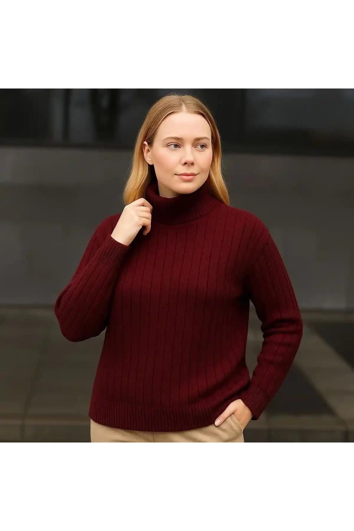 Kadın Balıkcı Yaka Bağazlı Triko Kazak Pamuklu Kalın Fitilli Dokuma - Bordo