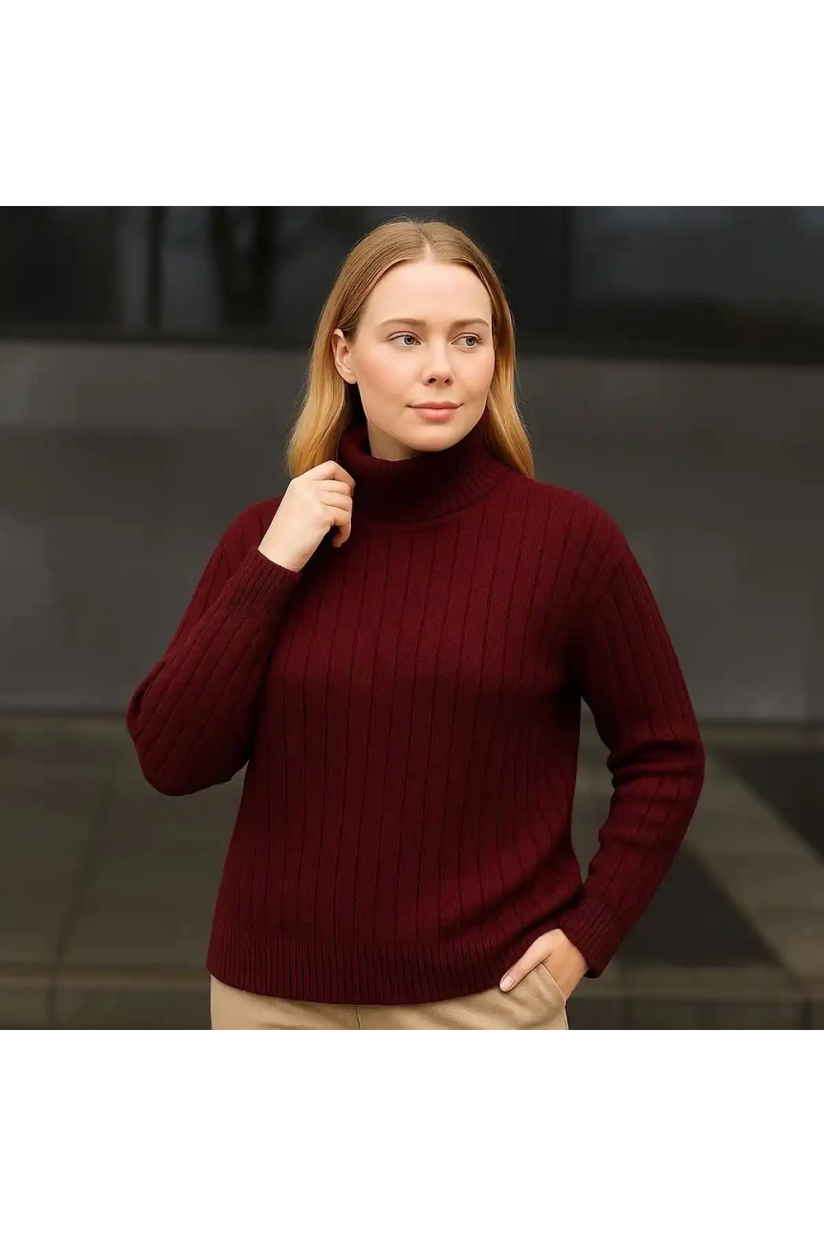 Kadın Balıkcı Yaka Bağazlı Triko Kazak Pamuklu Kalın Fitilli Dokuma - Bordo