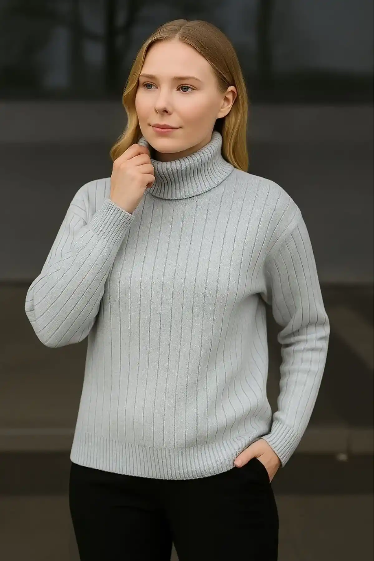Kadın Balıkcı Yaka Bağazlı Triko Kazak Pamuklu Kalın Fitilli Dokuma - Gri