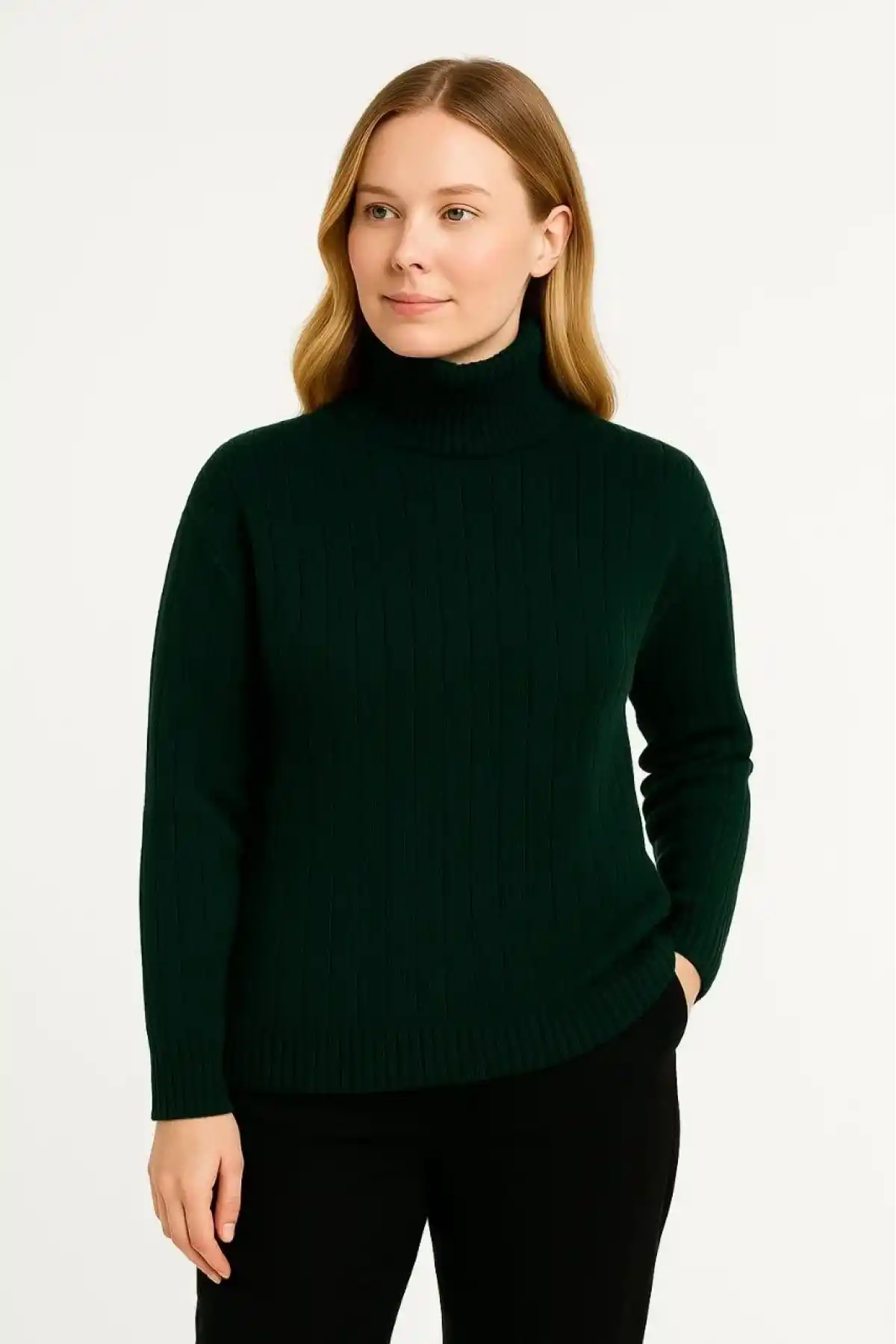 Kadın Balıkcı Yaka Bağazlı Triko Kazak Pamuklu Kalın Fitilli Dokuma - Haki