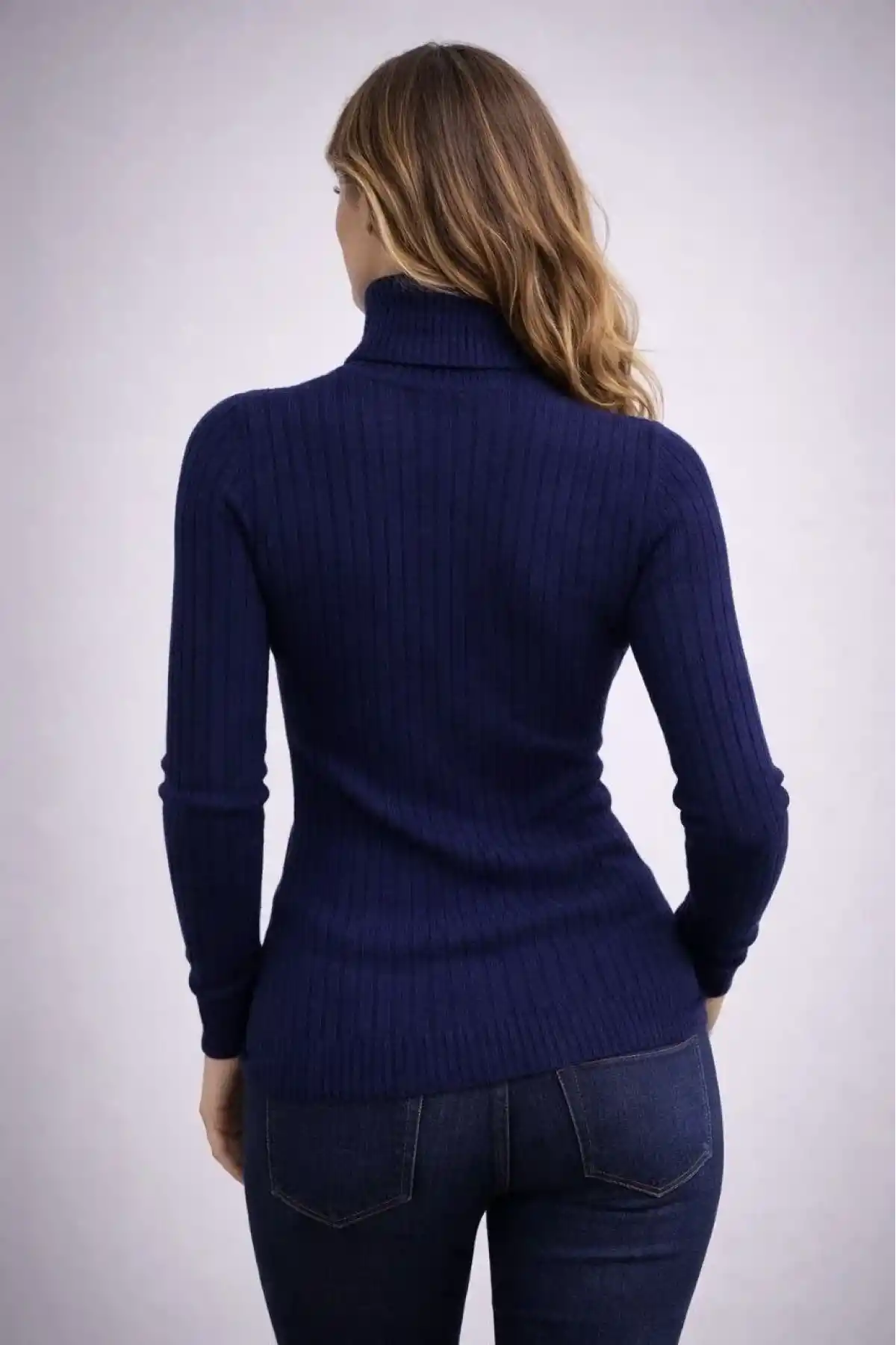 Kadın Balıkcı Yaka Bağazlı Triko Kazak Pamuklu Kalın Fitilli Dokuma - Lacivert