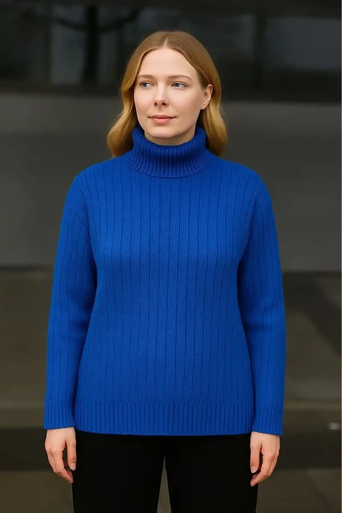 Kadın Balıkcı Yaka Bağazlı Triko Kazak Pamuklu Kalın Fitilli Dokuma - Saks Mavisi