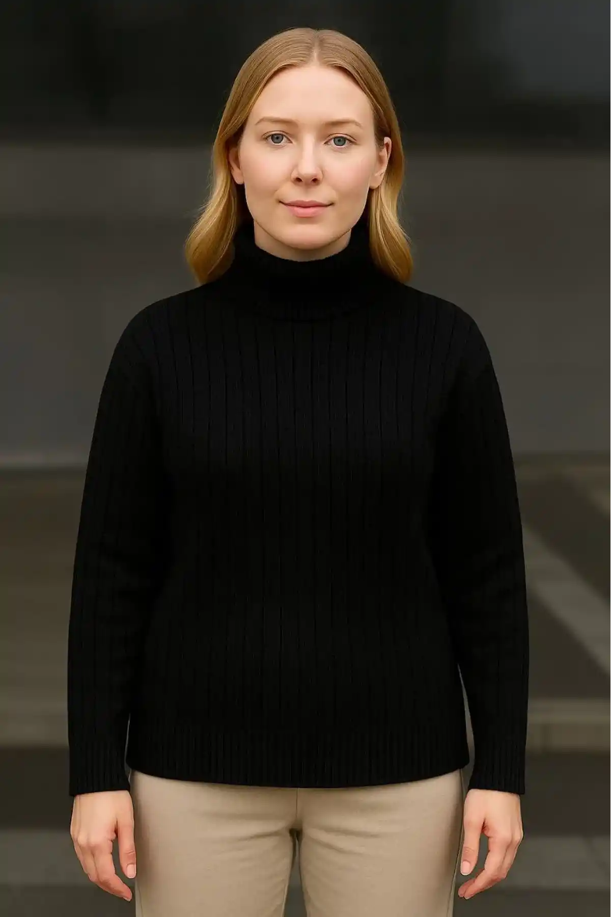 Kadın Balıkcı Yaka Bağazlı Triko Kazak Pamuklu Kalın Fitilli Dokuma - Siyah