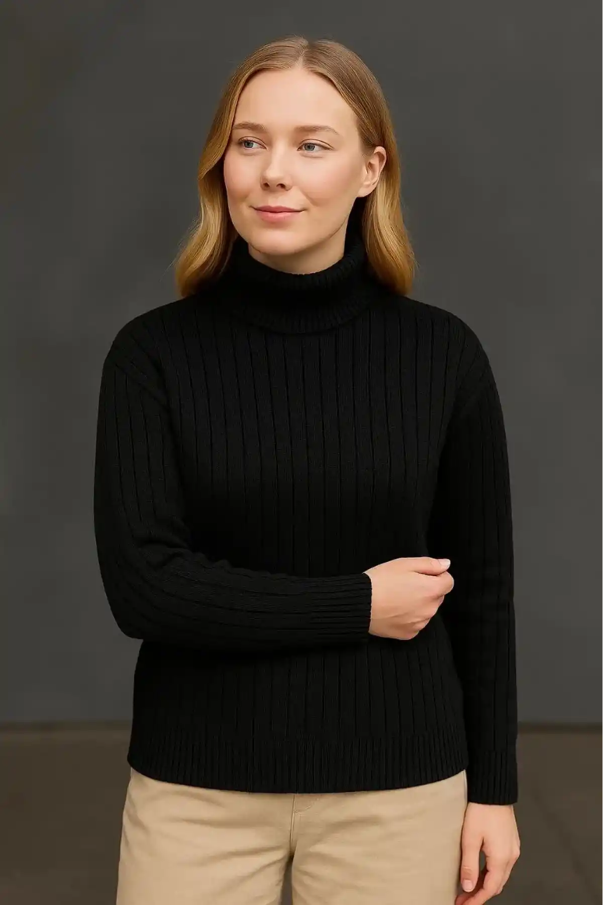 Kadın Balıkcı Yaka Bağazlı Triko Kazak Pamuklu Kalın Fitilli Dokuma - Siyah