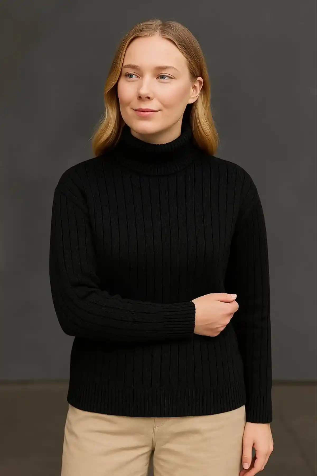 Kadın Balıkcı Yaka Bağazlı Triko Kazak Pamuklu Kalın Fitilli Dokuma - Siyah