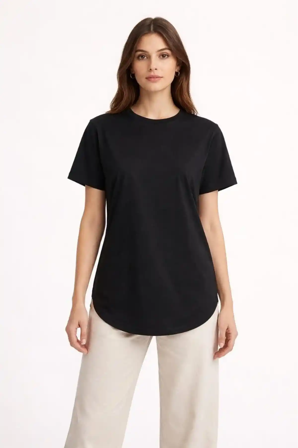 Kadın Basic T-Shirt Kısa Kol Bisiklet Yaka Oval Kesim Tişört - Siyah