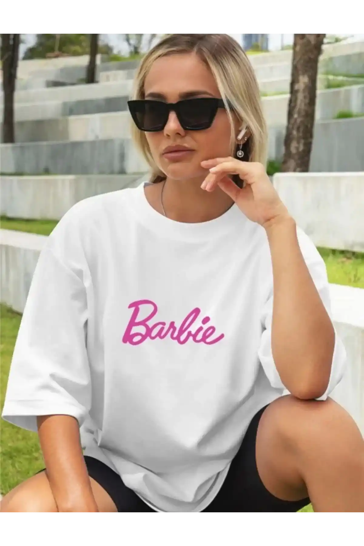 Kadın Baskılı Oversize T-shirt - Beyaz