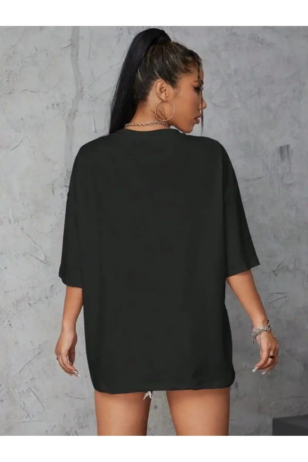 Kadın Baskılı Oversize T-shirt - Siyah
