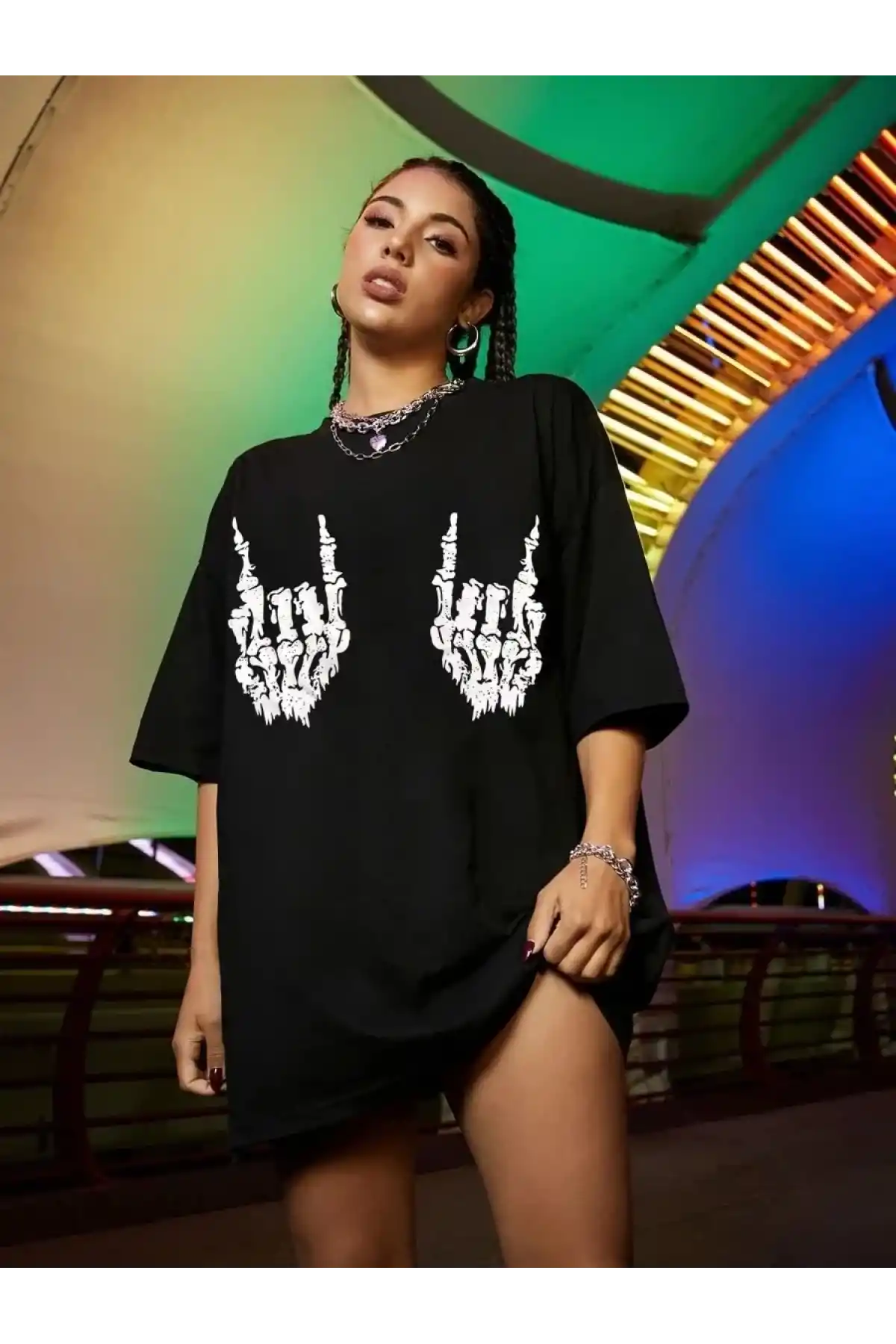 Kadın Baskılı Oversize T-shirt - Siyah