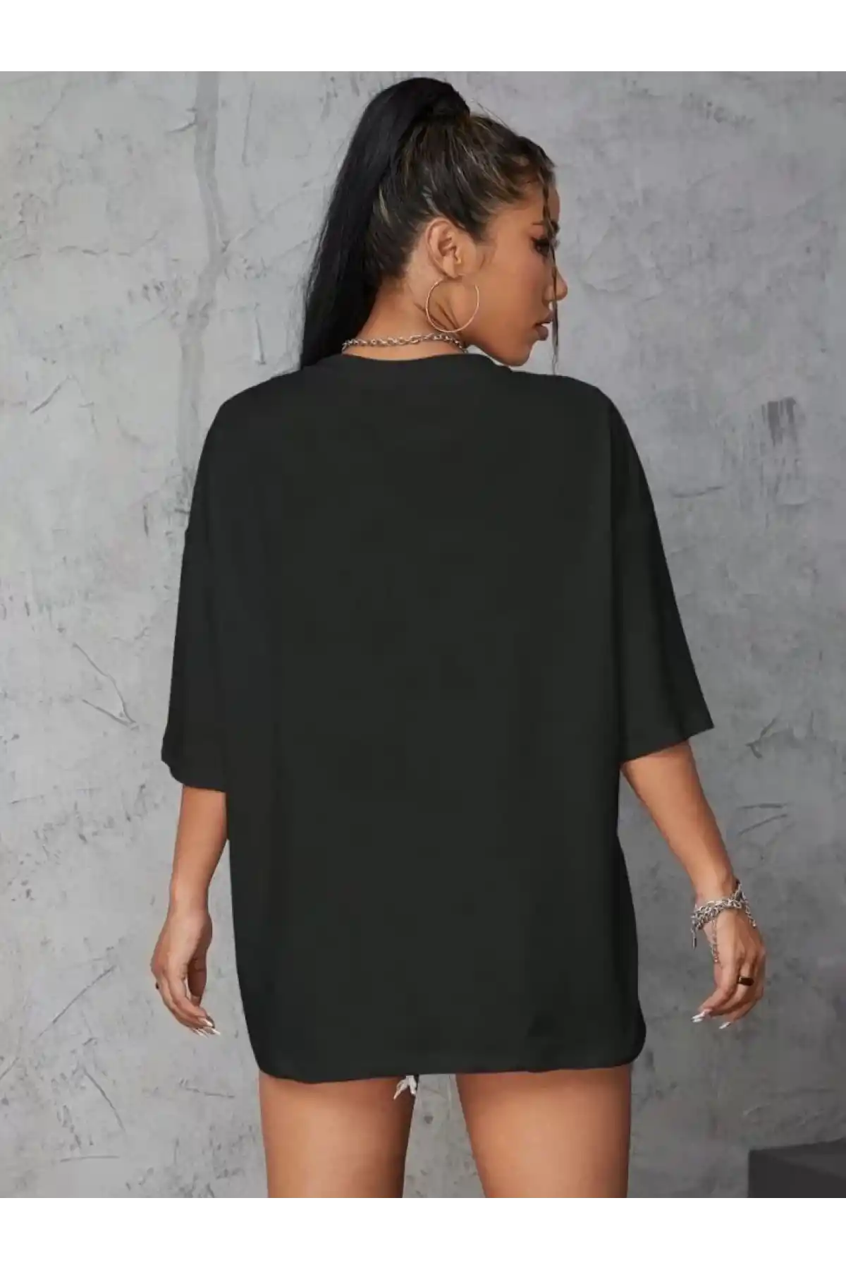 Kadın Baskılı Oversize T-shirt - Siyah