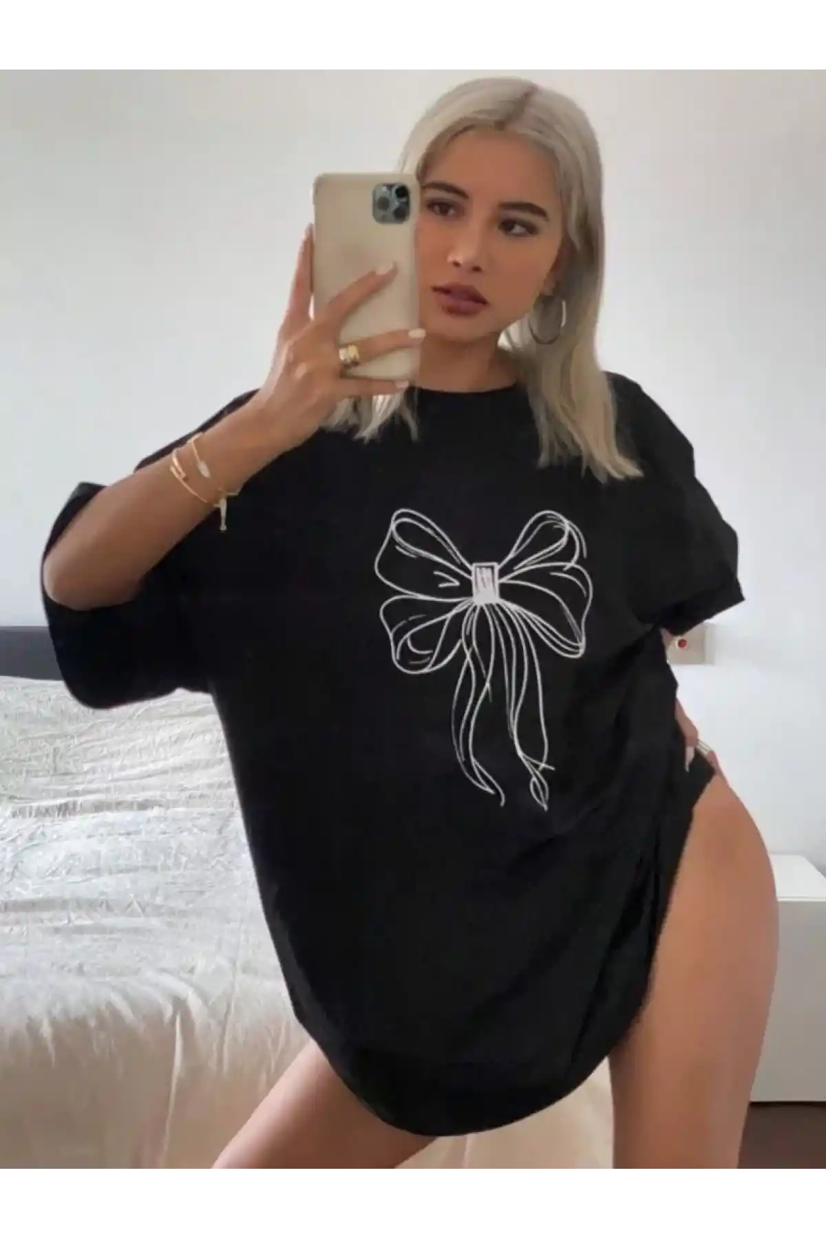 Kadın Baskılı Oversize T-shirt - Siyah