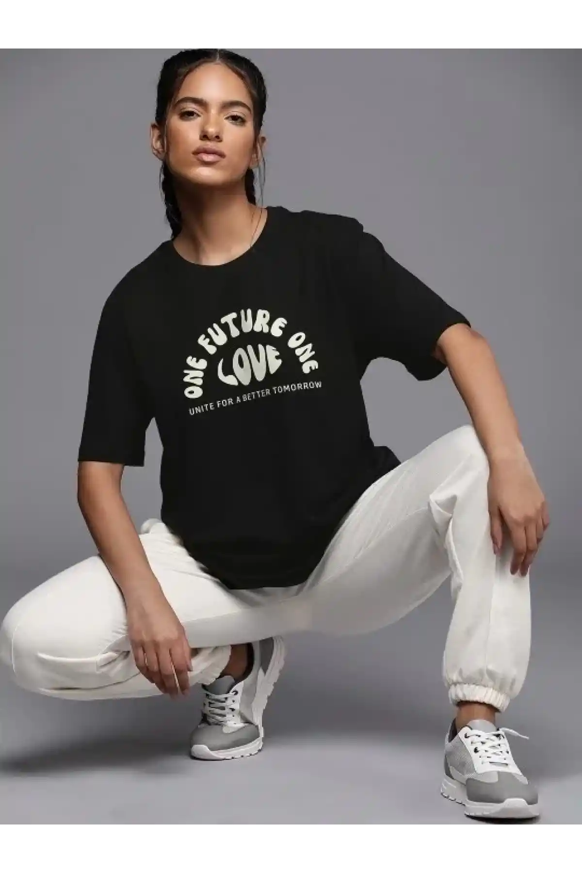 Kadın Baskılı Oversize T-shirt - Siyah