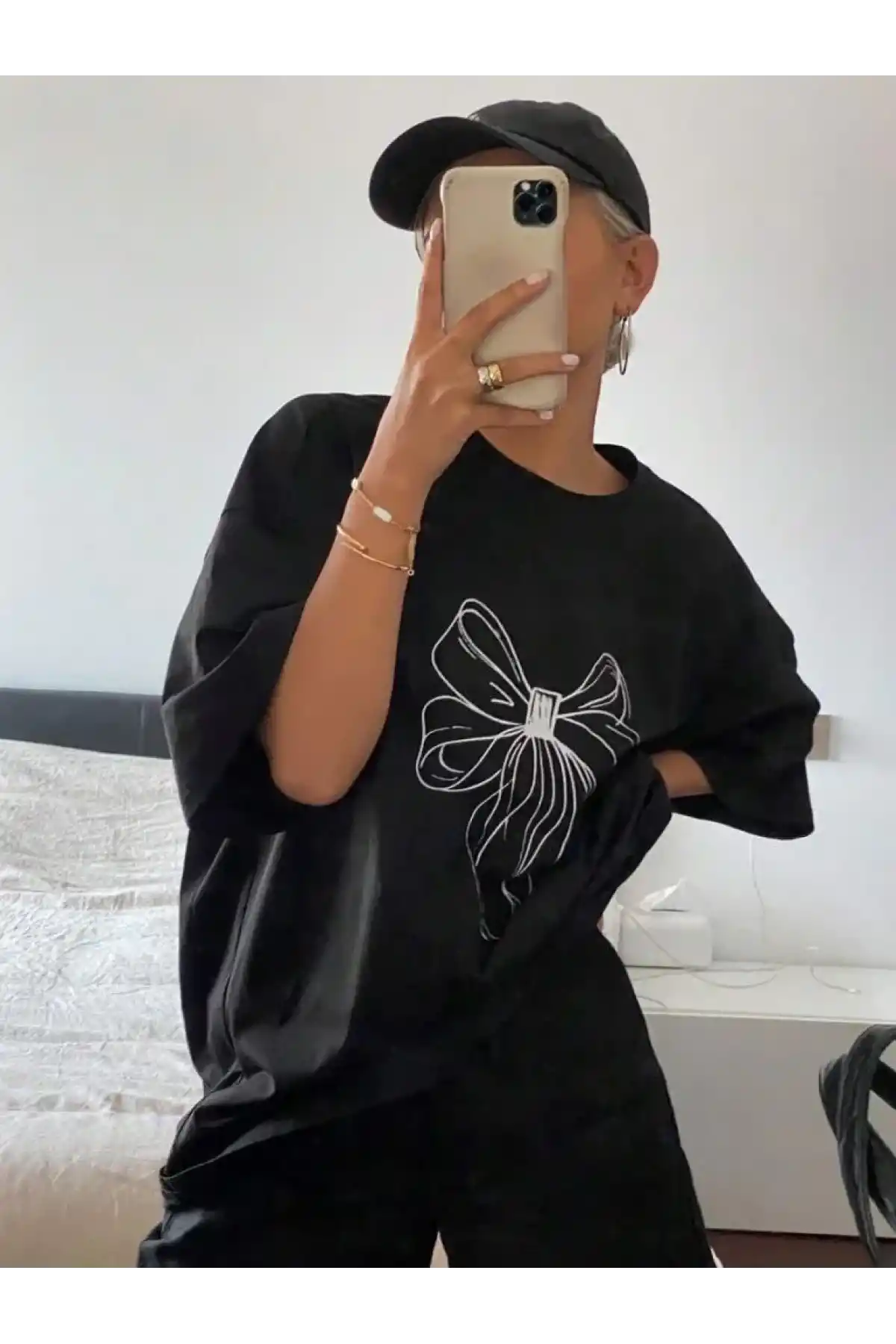 Kadın Baskılı Oversize T-shirt - Siyah