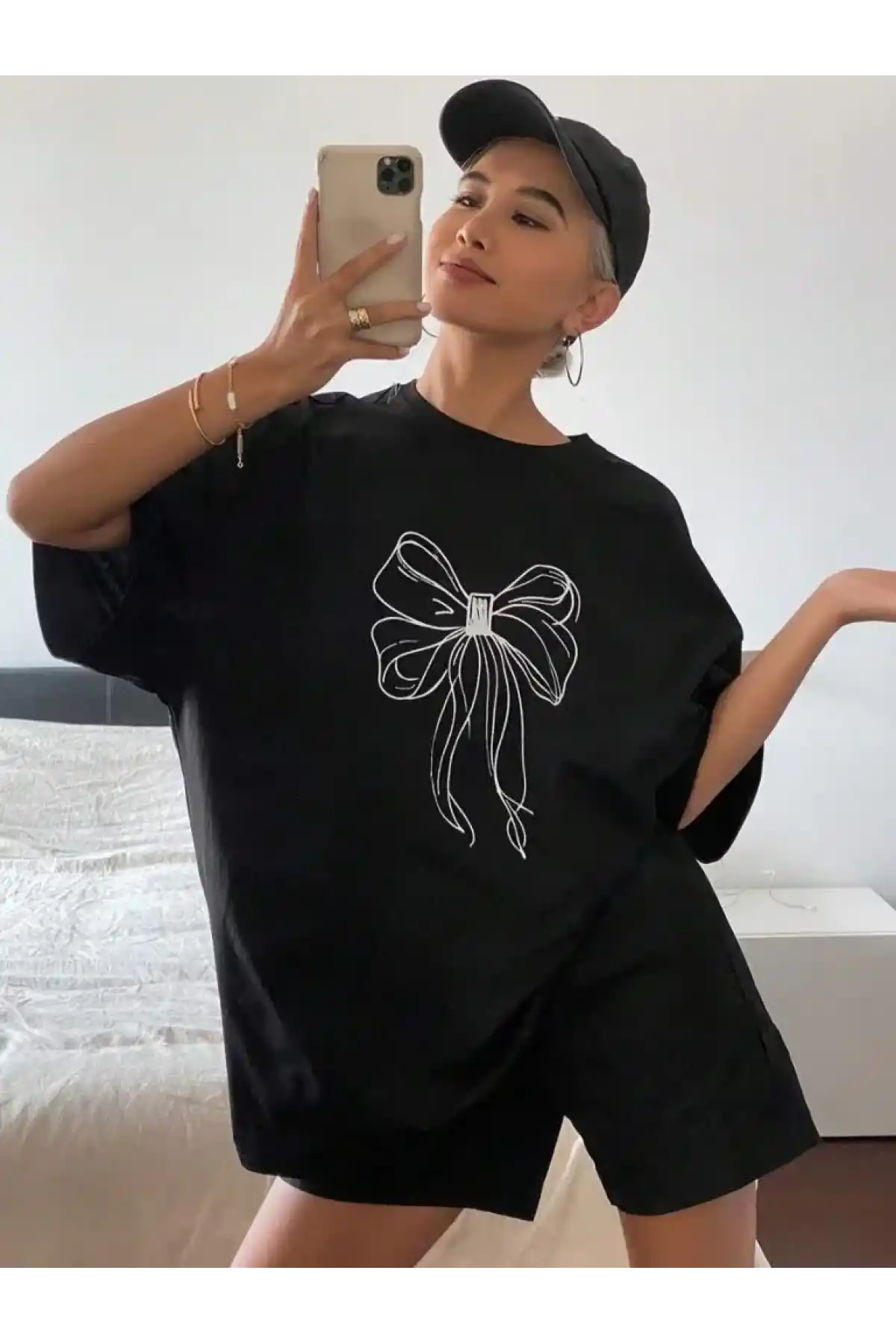 Kadın Baskılı Oversize T-shirt - Siyah