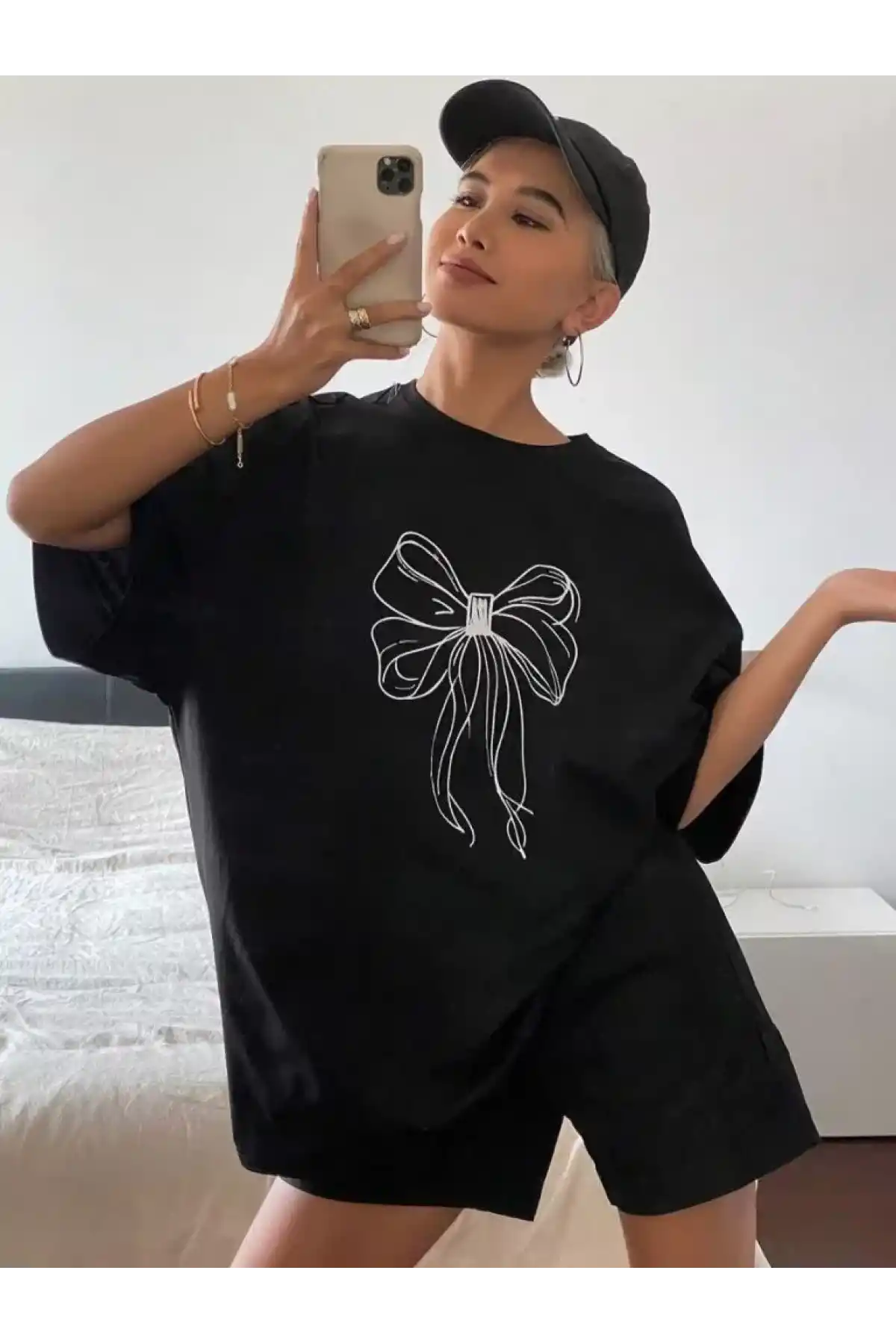 Kadın Baskılı Oversize T-shirt - Siyah